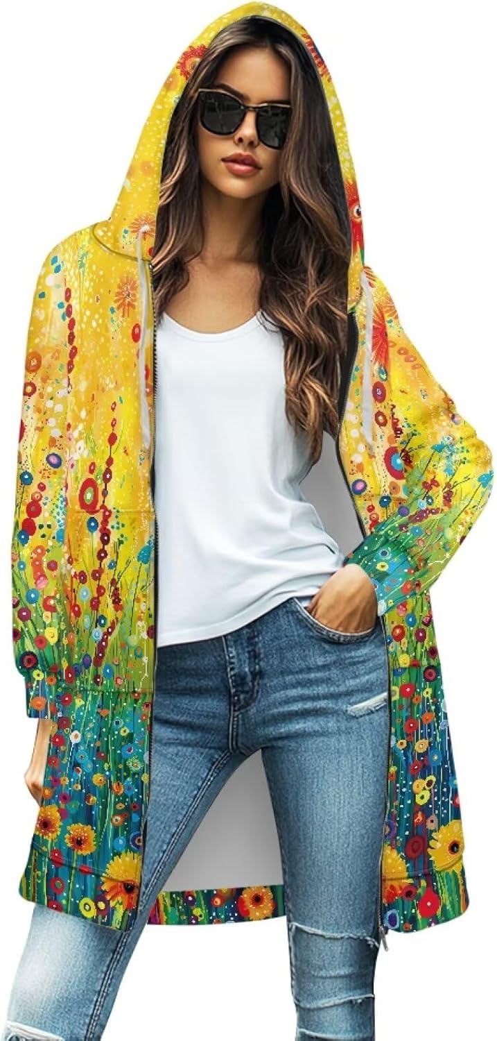 Women's Hooded Cardigan Sweaters Zipper Long Coatigan Jackets with Pockets Mid-Length Hooded Sweatshirt