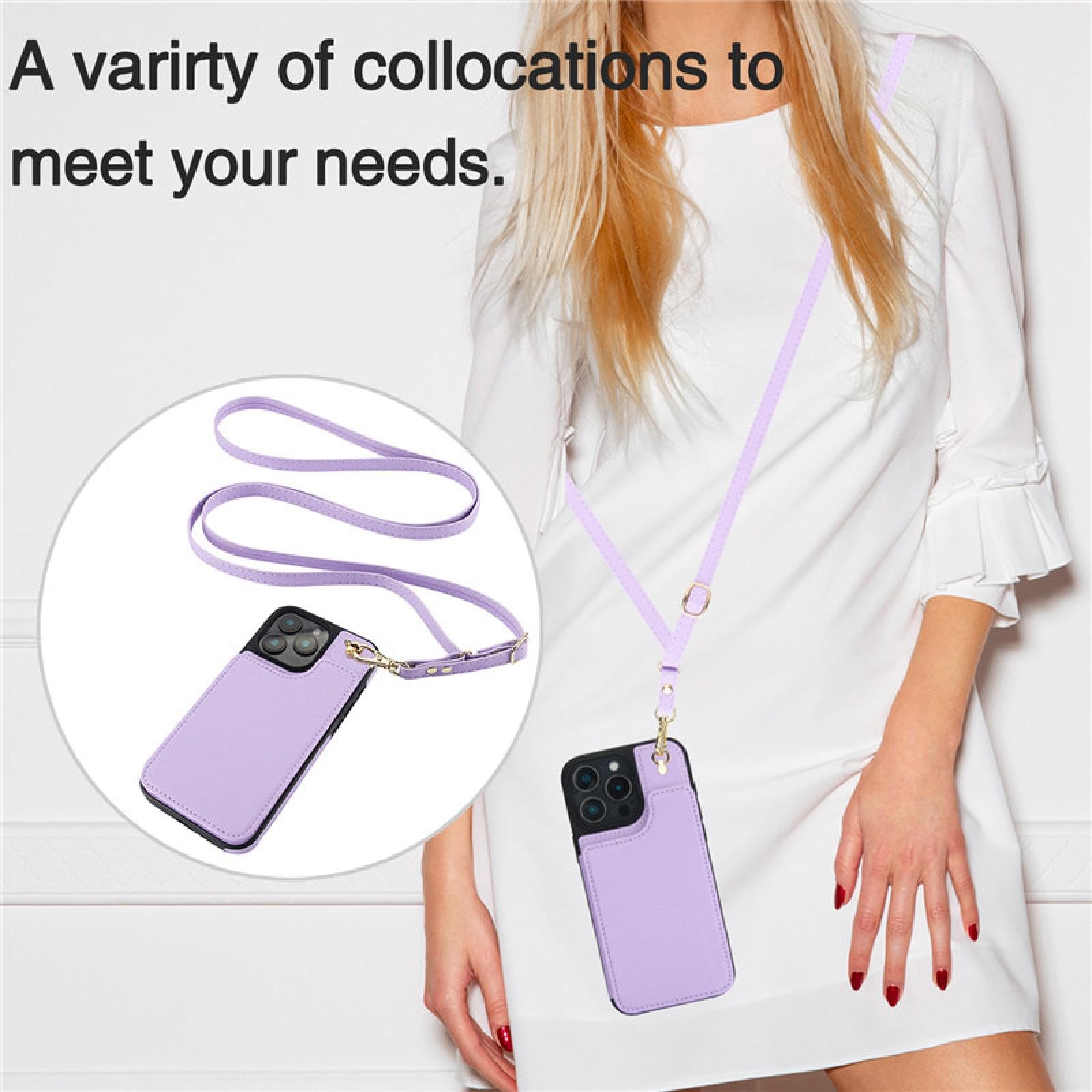 Do iPhone'a 16 Crossbody Lanyard Leather Wallet Card Phone Case Flip Stand Cover (Do iPhone'a 16/Deep Purple)