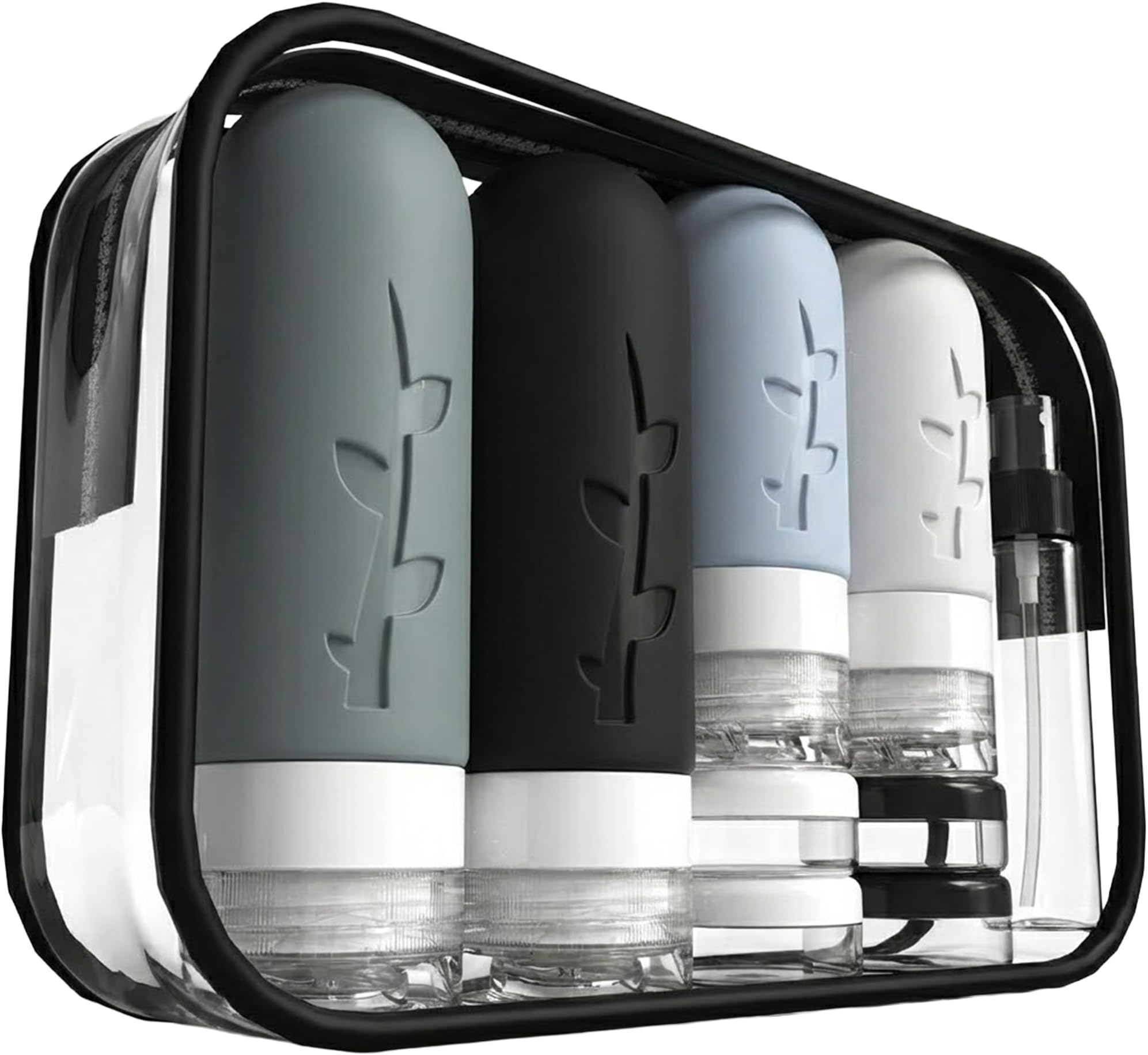 DEPOZA Travel Bottles Kit (16 Pack) - TSA Approved, Leak Proof Silicone Squeezable Containers for Toiletries. Complete Set with Jars, Sprayers & Bag (Black)