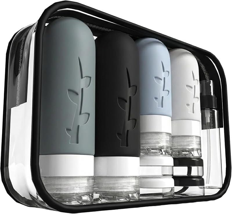DEPOZA Travel Bottles Kit (16 Pack) - TSA Approved, Leak Proof Silicone Squeezable Containers for Toiletries. Complete Set with Jars, Sprayers & Bag (Black)