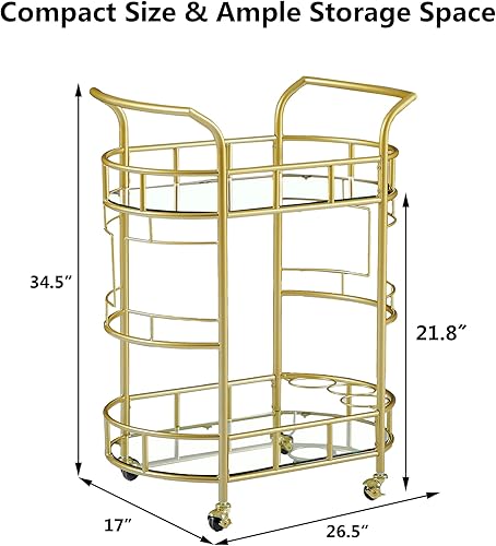 Miniatura 2 de Bocarali Carrito de barra rodante dorado, carritos de metal móvil de 2 niveles con estantes de vino y estantes de vidrio, carrito de café de vino