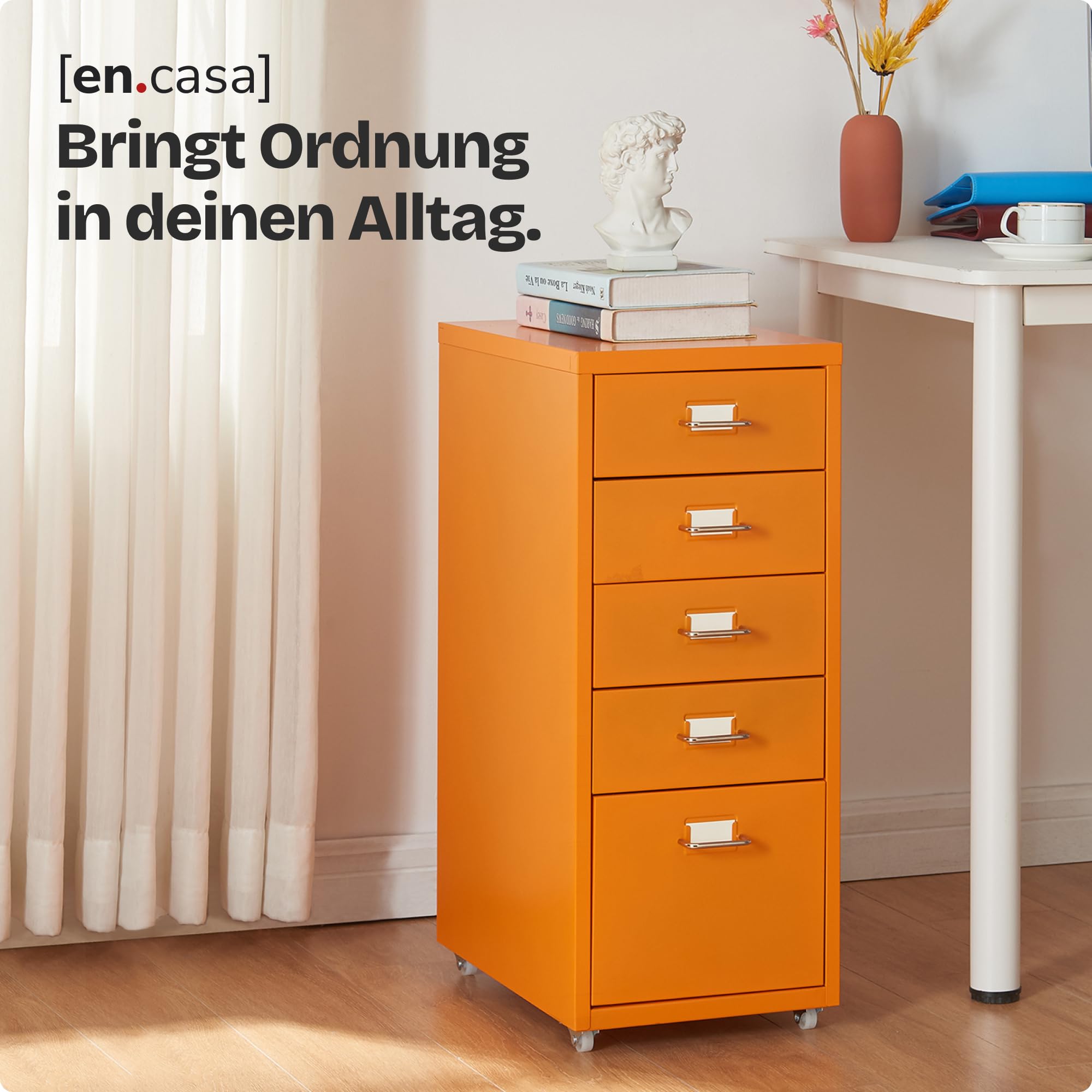 [en.casa] Rollcontainer Kökar Schubladenschrank Metall Aktenschrank mit 5 Schubladen Bürowagen mit Rollen für Arbeitszimmer 69 x 28 x 41 cm Orange