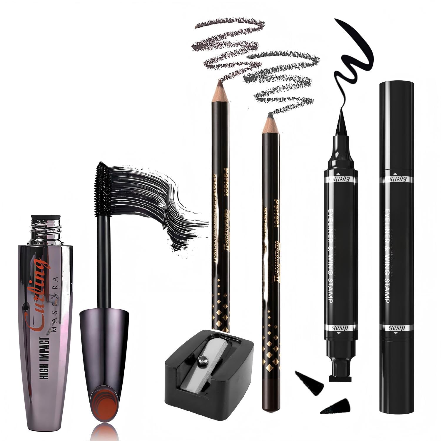Mascara Eye Liner Eye Makeup Set Waterproof Liquid Eye Liner Stamp Mascara Black volume and length Eyelash Quick Drying Long Lasting Eyeliner Pencil Cosmetic Kit with Sharpener for Women Girls