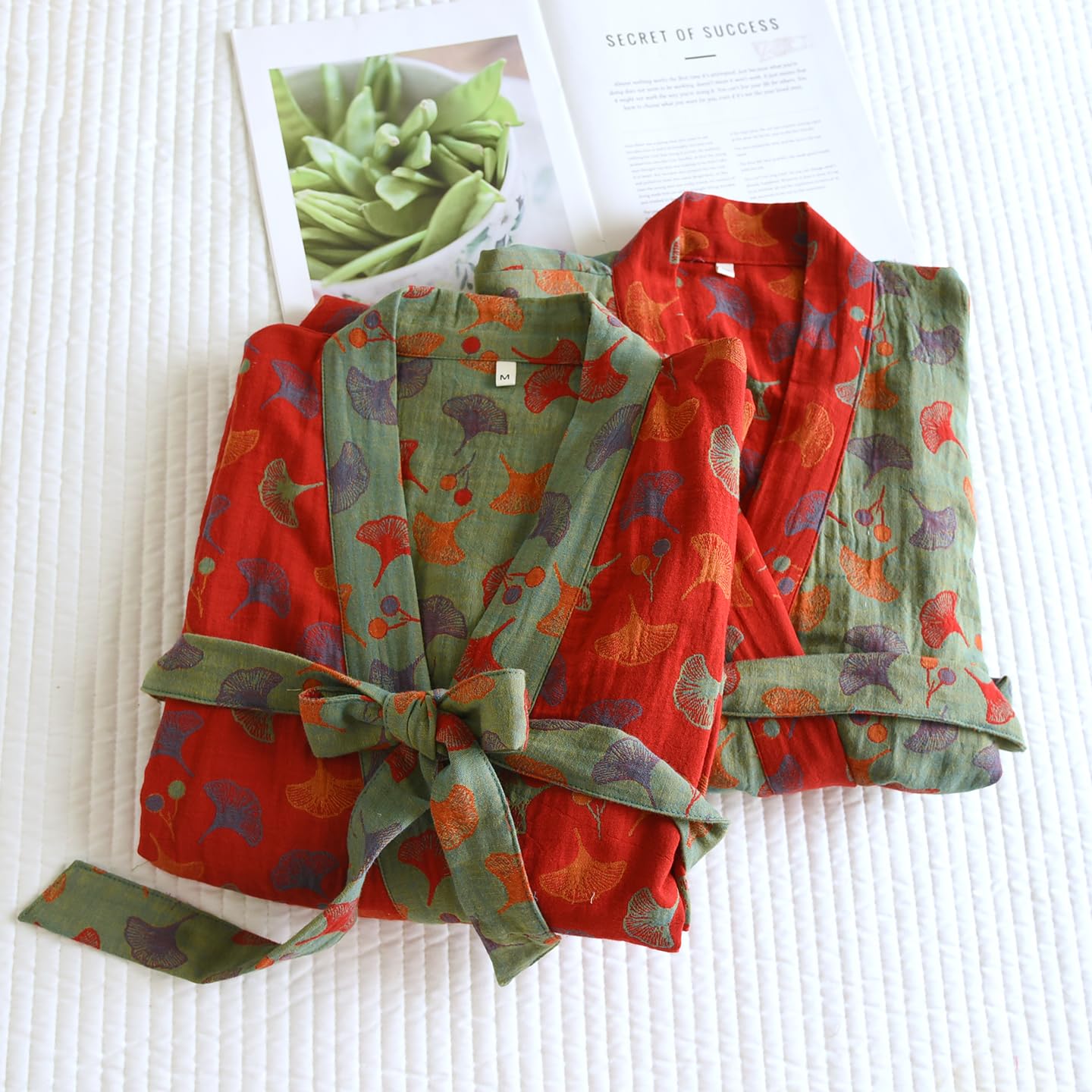 PRINCESS BRIDE Bata tipo kimono de algodón teñido de hilo jacquard elegante bata de baño tradicional suelta Yukata de longitud media para mujer 165/88A/L (verde-rojo)