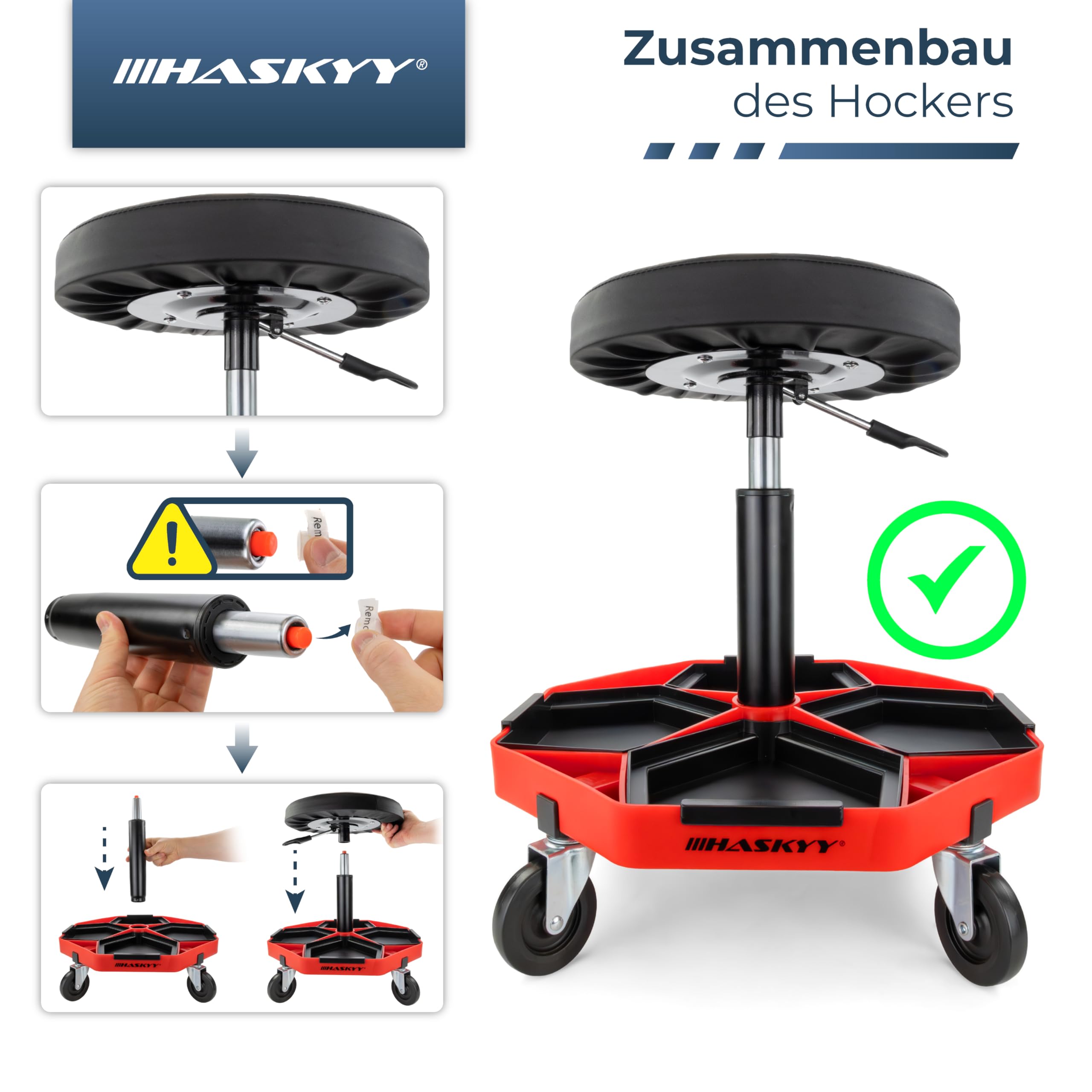 HASKYY Werkstatthocker Arbeitshocker Praxishocker 43-58cm - Bis 150kg belastbar - Gepolsterter Werkstattsitz mit 360° Rollen & Ablagefächern Schwarz/Rot