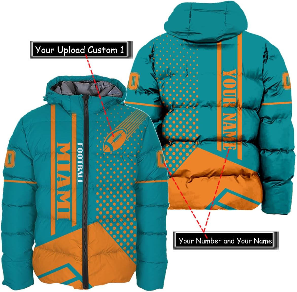 Personalized Miami Football Team Dolphins Men's Hooded Puffer Jacket