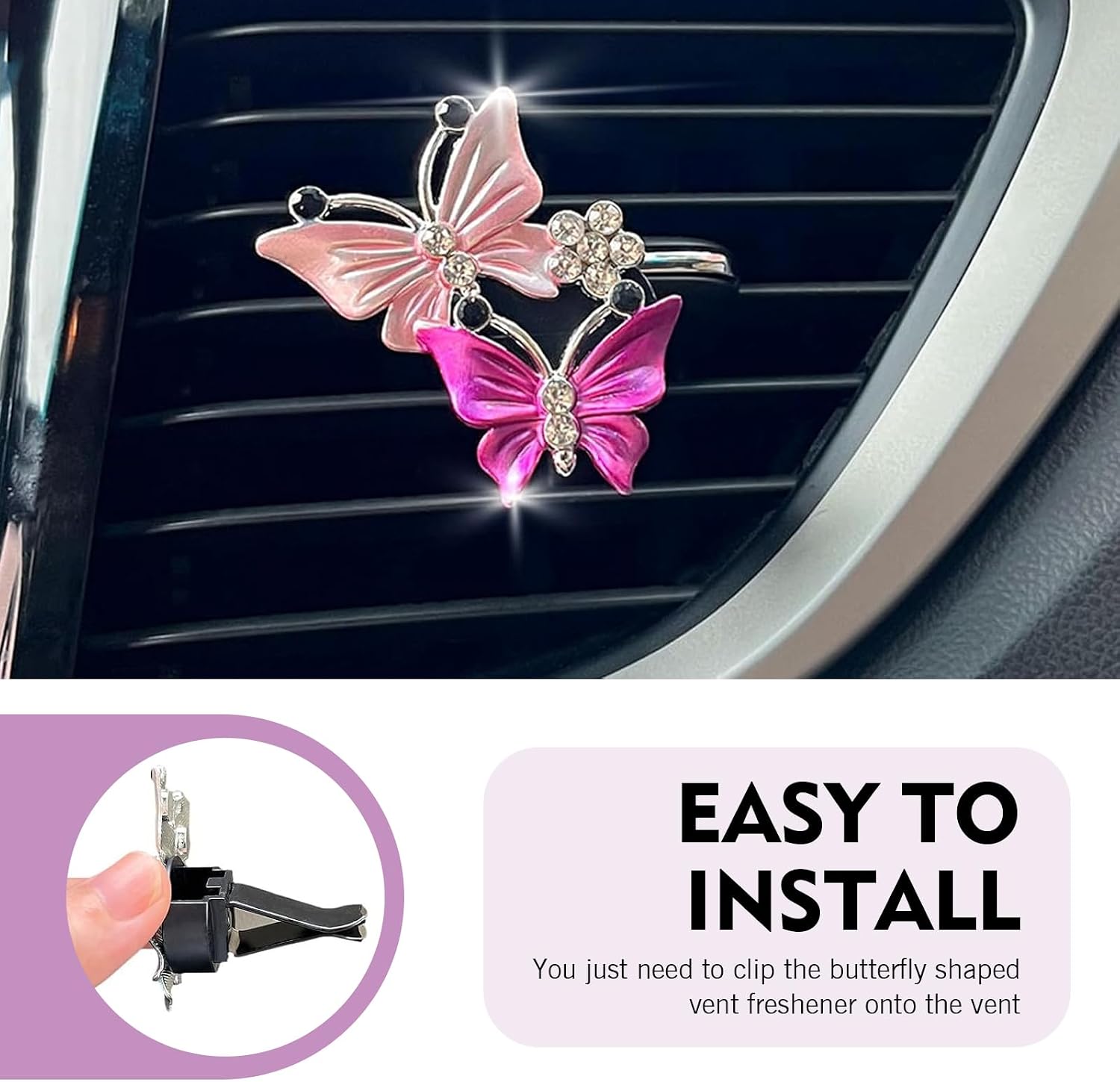 2 PCS Car Air Vent Clip, Bling Dual Butterfly Vent Ornament, Cute Car Diffuser Women Decorations, Universal for Most Vehicles (Pink) image 5