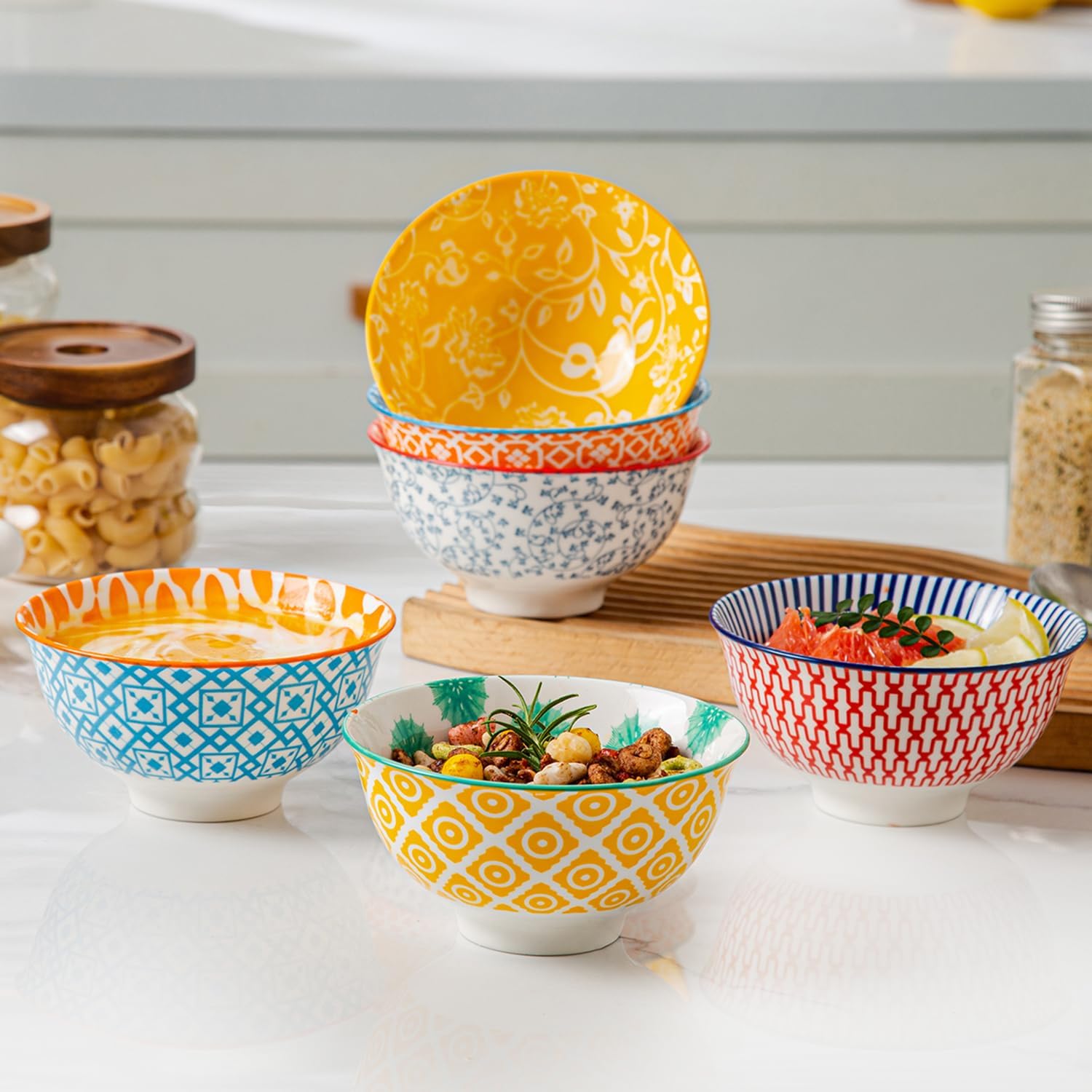 Ceramic Dessert Bowls Set - Small 12 Oz Cereal Bowls - 4.75 Inch Ice Cream Bowls for Fruit, Snack, Side Dishes, Dipping Sauce - Microwave Dishwasher Safe - Set of 6 - Assorted Colors