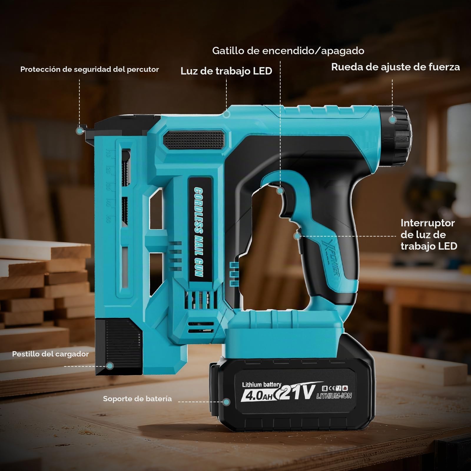 Clavadora a Batería 2 en 1 y Grapadora Eléctrica Compatible con Batería Makita 18V, con 1 Batería de 4.0 Ah, 1000 Clavos y 1000 Grapas – Ideal para Carpintería, Bricolaje y Tapicería