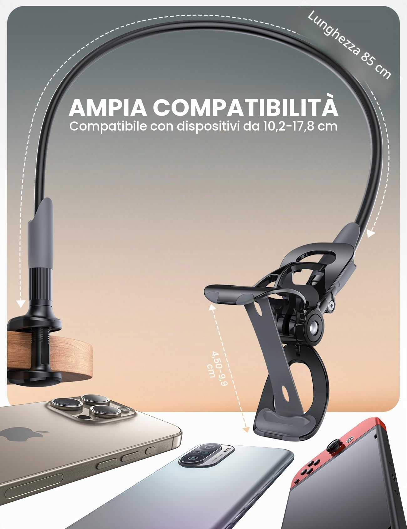 Lamicall Supporto Telefono, Collo D'oca Supporto Regolabile - Universale Stand per iPhone 17 16 15 14 13 Pro Max, Plus Mini XS XR X 8 7, Switch, Samsung S10 S9 S8, Scrivania, Altri Smartphone - Nero