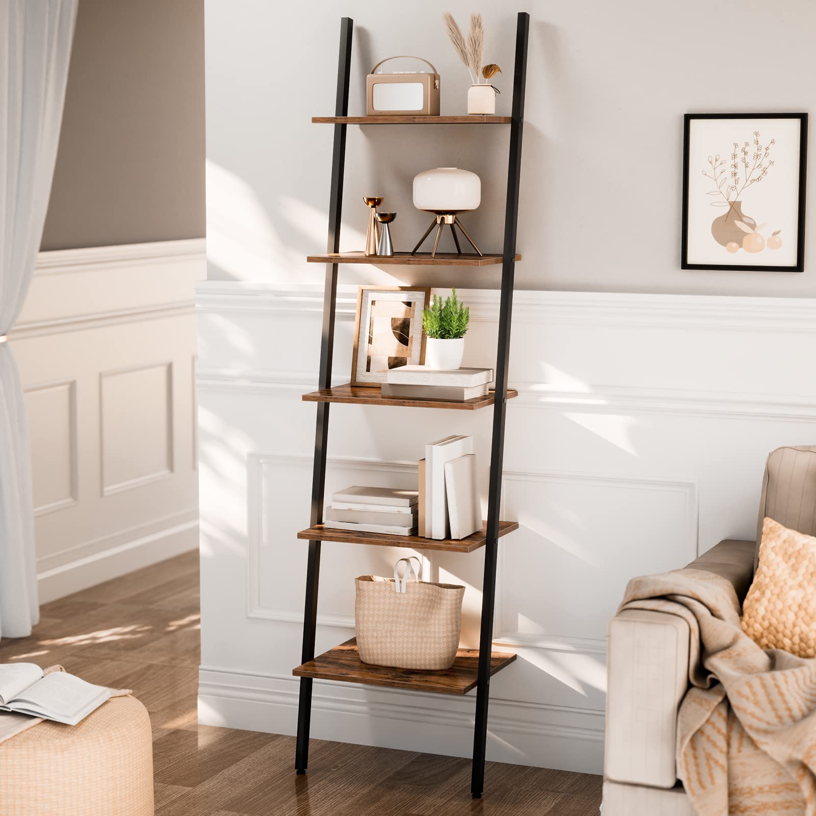 HOOBRO Ladder Shelf Leaning Shelf, 5Tier Narrow Bookshelf, Leaning