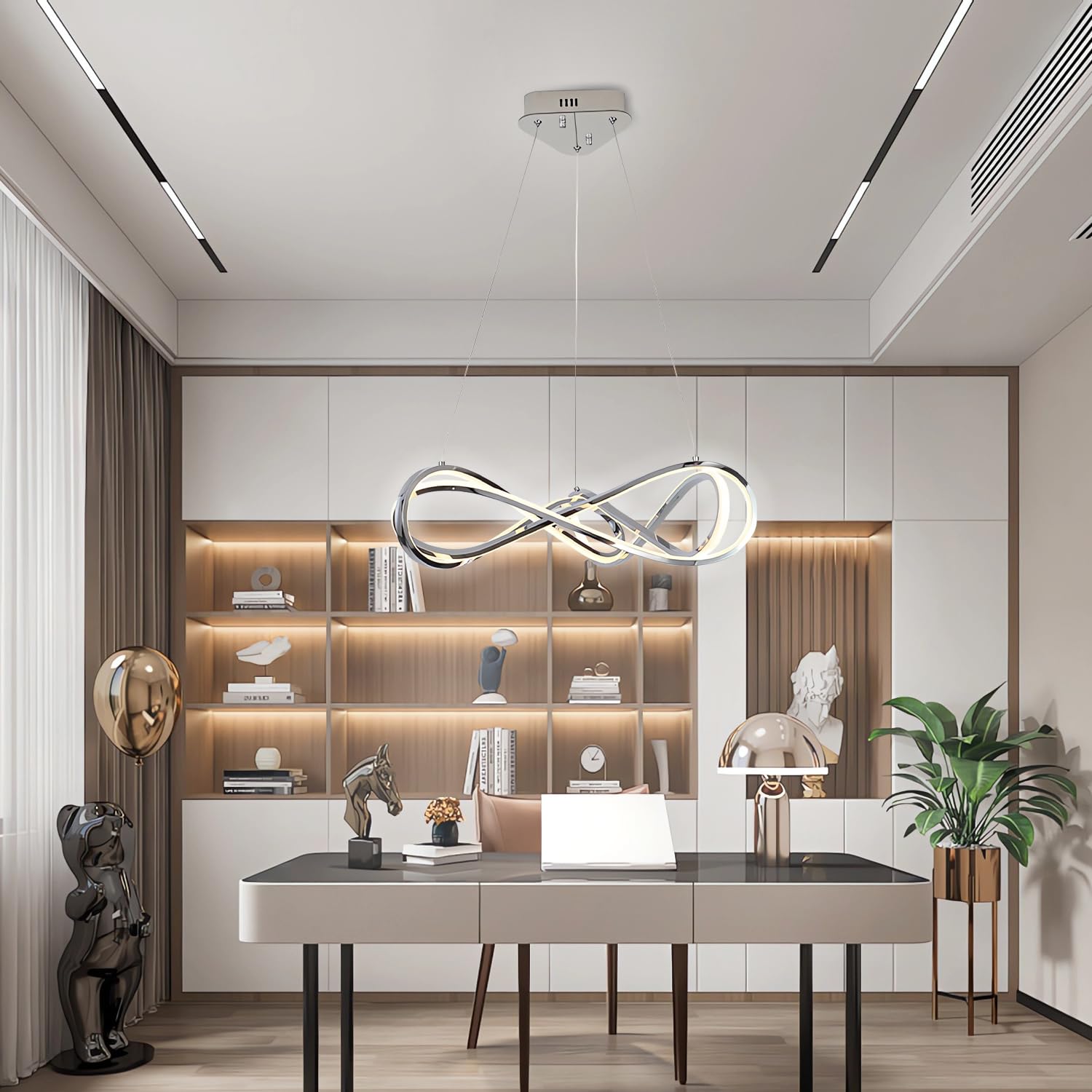 Kronleuchter Esstisch LED Pendelleuchte Esszimmer mit Fernbedienung Dimmbar Moderne Hängeleuchte Esszimmerlampe hängend Höhenverstellbar Esstischlampe Bürolampe Schreibtischlampe (Chrom, Φ55cm 55W)