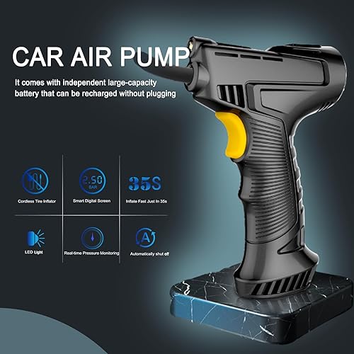 Miniatura 8 de Inflador de neumáticos inalámbrico, compresor de aire portátil de 12 V CC, bomba de aire de mano con manómetro digital y luz LED de emergencia para