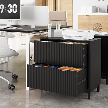 VINGLI 2 Drawer File Cabinet, Home Office Filing Organizer, Modern Style Fluted Design, Wood Lateral Filing Cabinet Printer Stand, Archivador, Fits Letter Legal A4 Size File Folder Storage, Black
