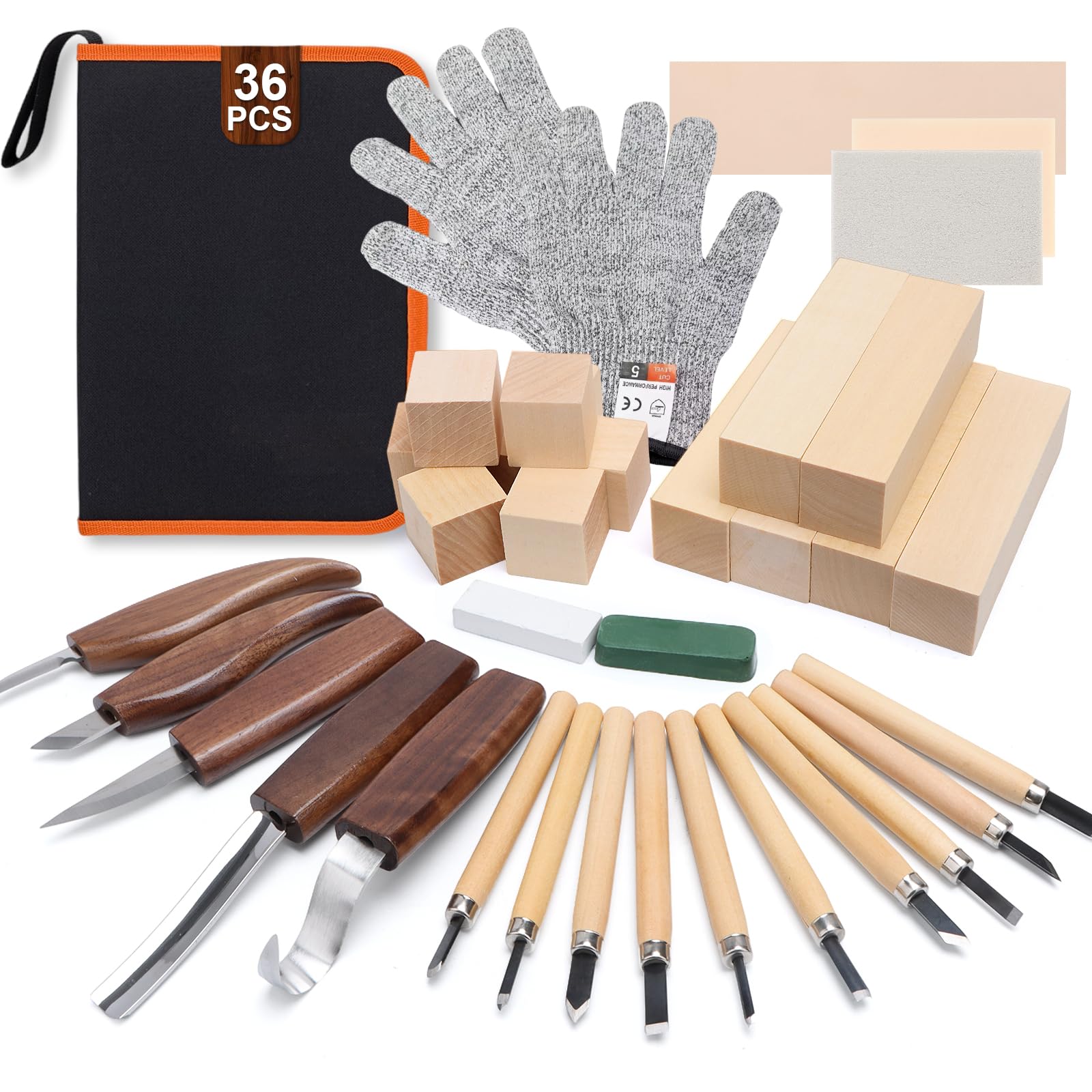 Juego de 36 Herramientas para Tallar Madera, Set de Tallado de Madera con 5 Cuchillos de Tallar 10 Cuchillos de Detalles 14 Bloques de Tilo y Accesorios para Principiantes y Profesionales