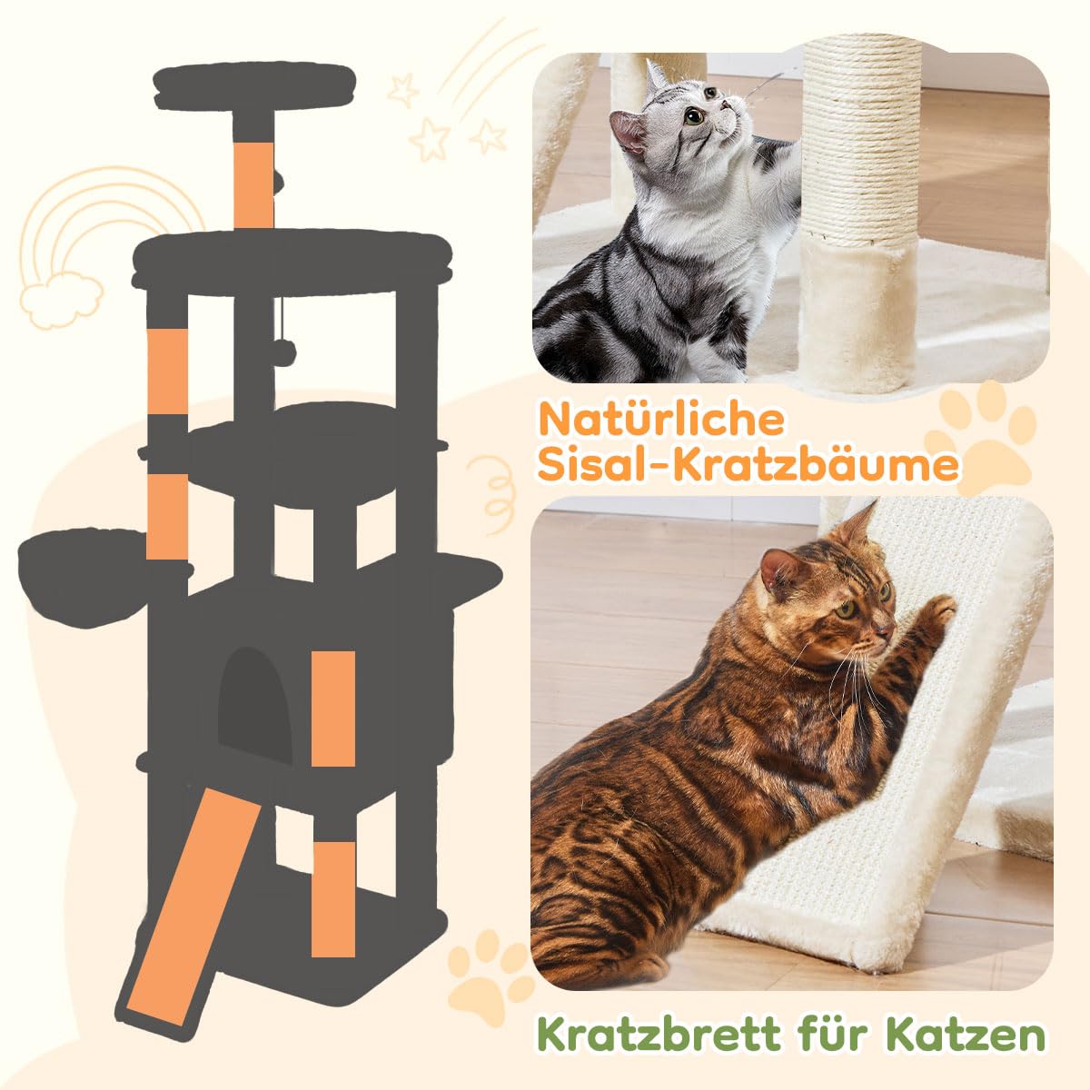 Taoqimiao 183cm Kratzbaum XXL, Großer Katzenbaum Für Große Katzen, MS045M | Stabil, Katzenkratztafel, Mehrstöckig, Einfache Montage, Große Plattform, Katzenhaus, Hängematte, 5 Kratzsäulen, Beige