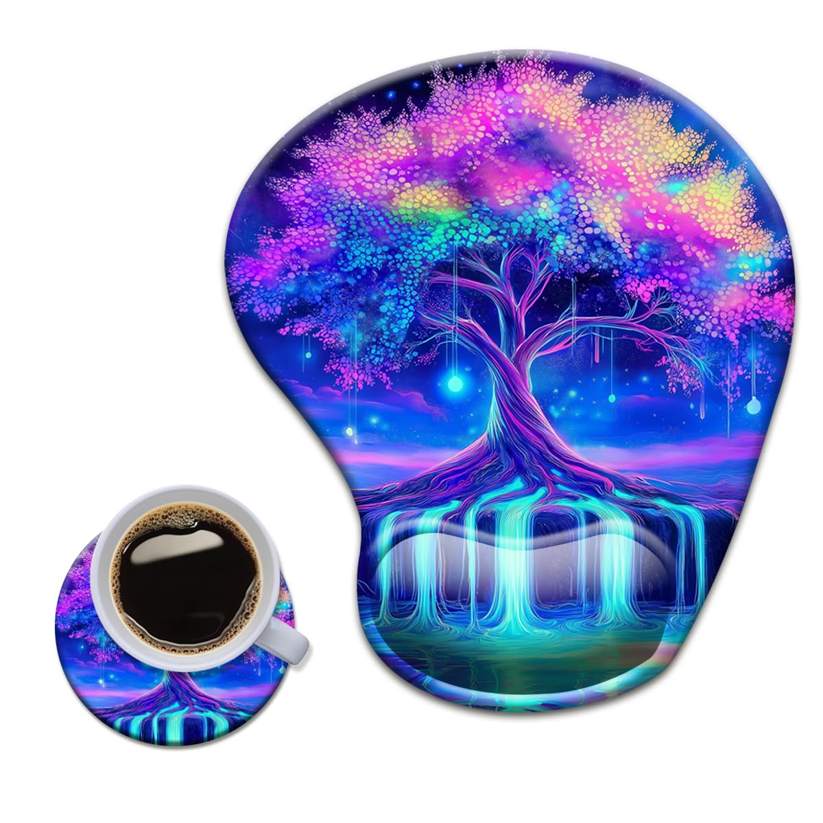 HOPONY Gel Wrist Rest Mouse Pad-Ergonomic Office Mousepad with Wrist Support-Non-Slip,Design Desk Accessories Mat for Home&Game Decor Purple Blue Tree