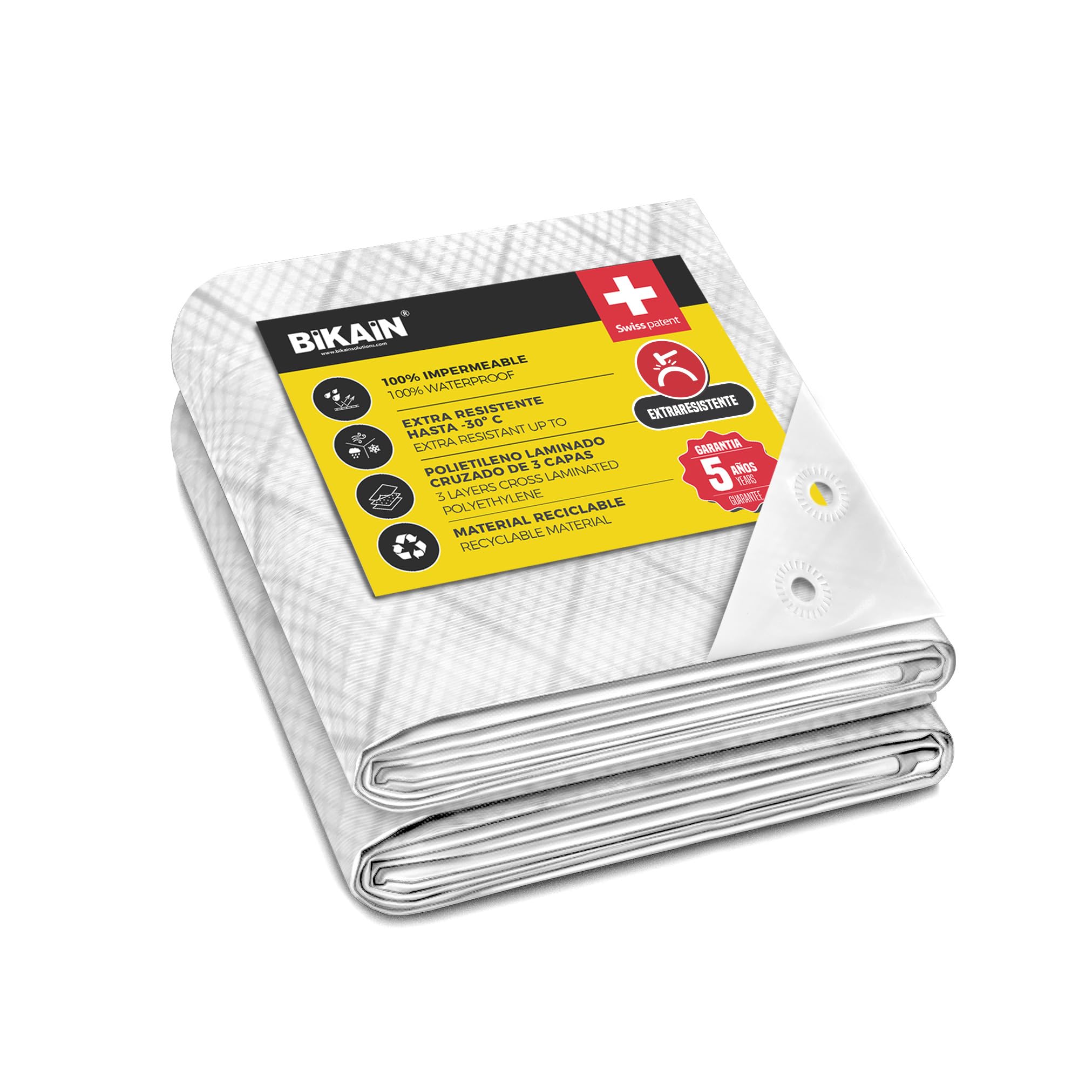 BIKAIN Lona Impermeable Exterior Blanca 2x3 m 120 g/m² Alta Resistencia | Con ojales antidesgarro, protección UV total, 3 capas laminadas, resistente al viento y hasta -30 °C