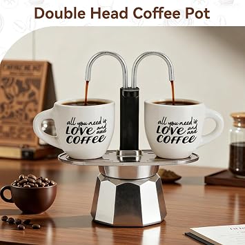 Stovetop Espresso Maker, Double Spout 2 Cup Coffee Maker Italian Coffee Machine for Espresso Double Head Mocha Pot for Home Outdoor Camping (Decagon Base)