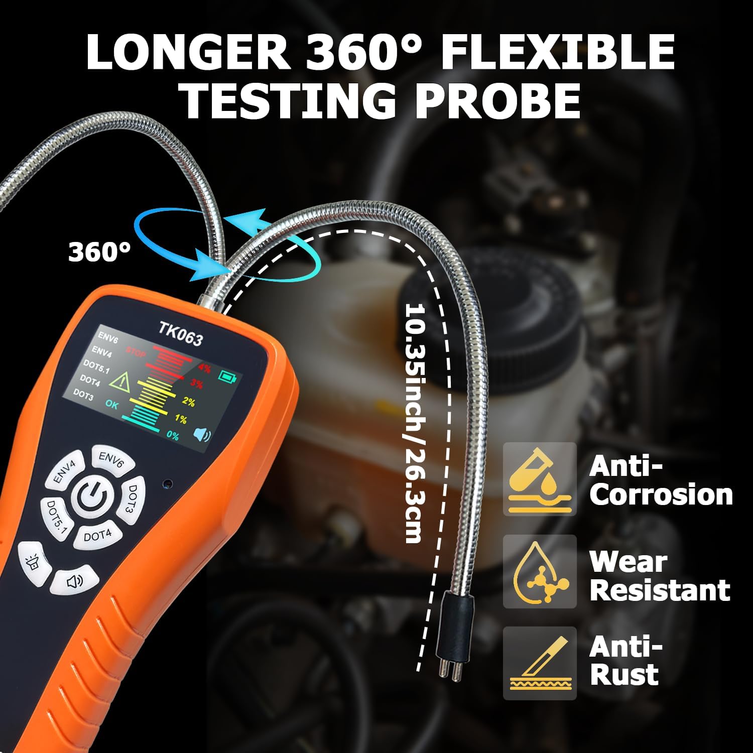 Brake Fluid Tester for DOT3 DOT4 DOT5.1 EVN4 EVN6, High-Sensitivity Digital Brake Oil Moisture Tester with LCD Display, Built-in Calibration, Corrosion Resistance Probe, Buzzer Alarm