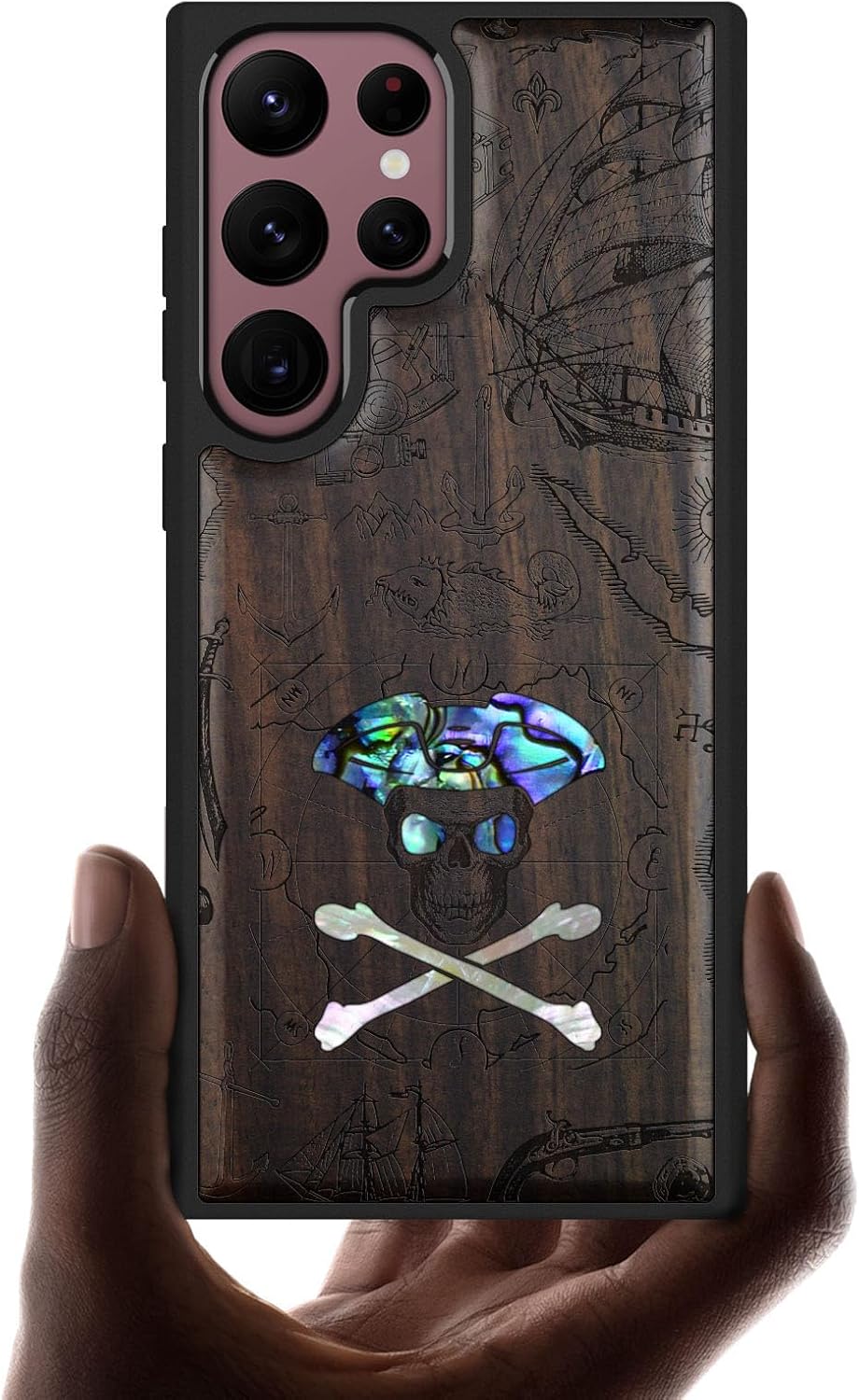 Carveit Designer Wooden Cover for Samsung Galaxy S22 Ultra Case [Wood Engraving & Shell Inlay] Wood Phone Case Compatible with Wireless Chargers Galaxy S22 Ultra (Pirate Skull-Blackwood)