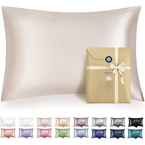 Bedsure Satin Pillowcase with Zipper, Similar to Silk Pillow Cases 2 Pack, Beige Standard Size Satin Pillow Case, Silky & Soft Pillow Covers, Valentines Day Gifts for Women Men, 20x26 Inches