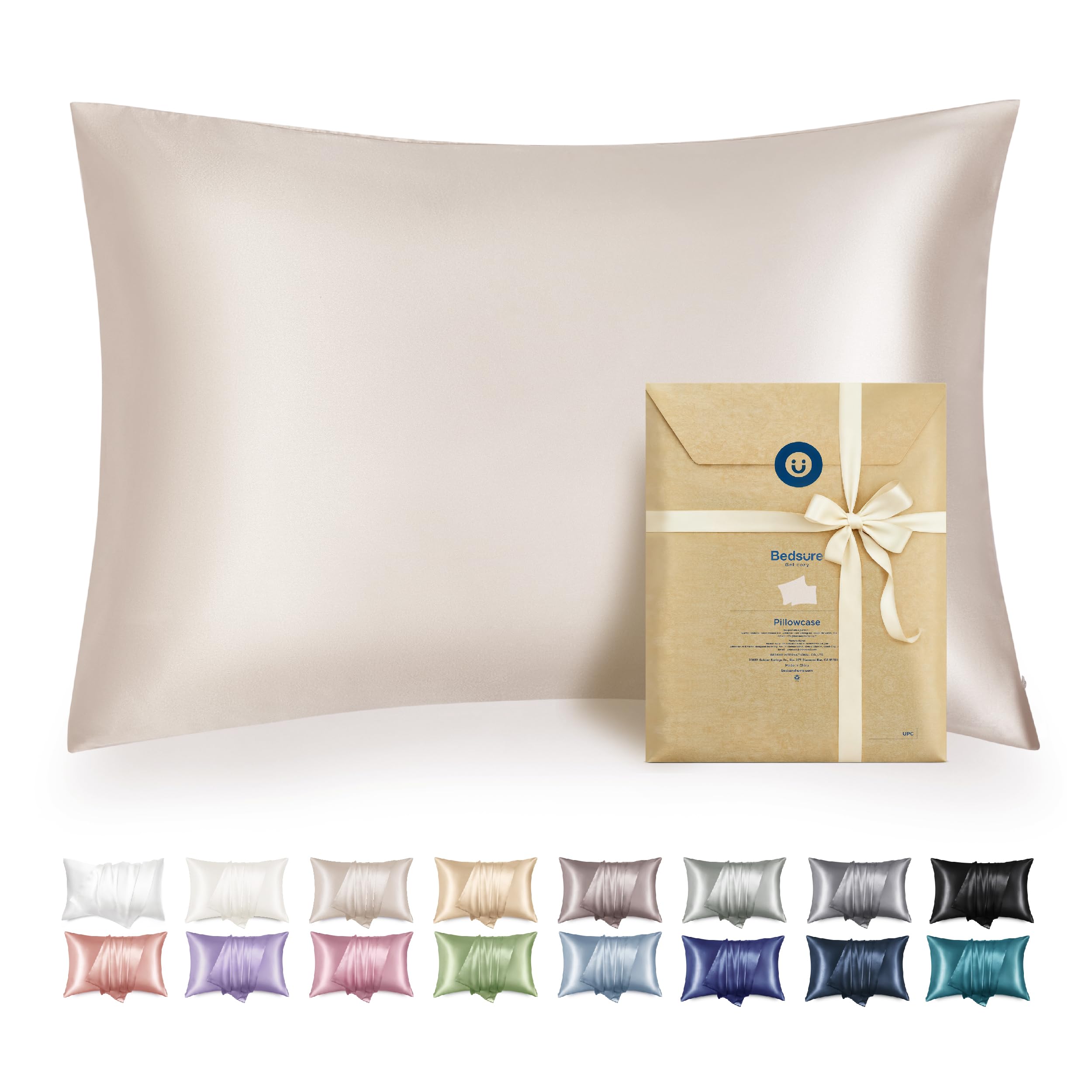 Bedsure Satin Pillowcase with Zipper, Similar to Silk Pillow Cases 2 Pack, Silky & Soft Satin Pillow Case Standard Size for Hair and Skin, Christmas Room Decor Gifts for Women Men, Beige, 20x26 Inches