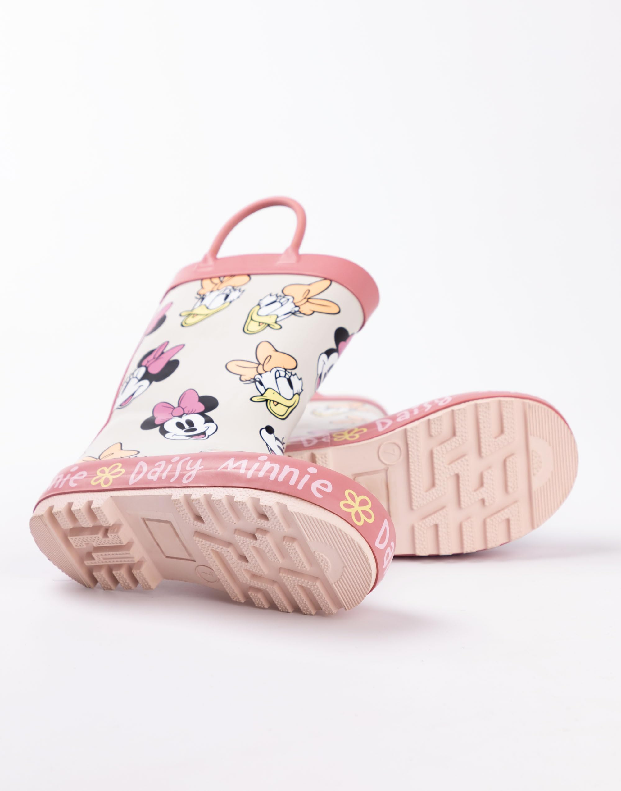 Disney Dziewczynki kalosze z myszką Minnie | Dziecięce kalosze z uchwytem Minnie i Daisy z nadrukiem na całej powierzchni w kolorze beżowym i różowym, wodoodporne, łatwe do wciągania gumowe buty dla