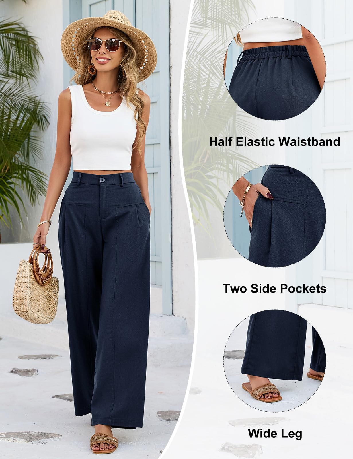 Pantaloni Lino Donna Estivi Gamba Larga Pantaloni Elastico in Vita Leggeri Traspiranti Pantaloni Casual Comodi Palazzo con Tasche e Bottoni