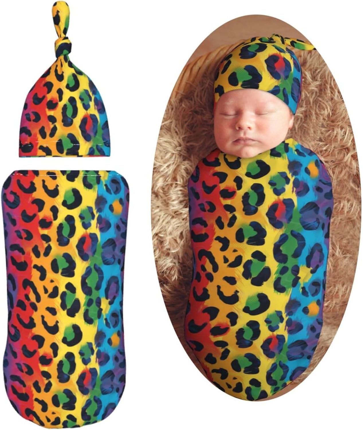 Rainbow Colorful Leopard Newborn Swaddle Blankets Hat Sets Soft Baby Receiving Blanket Swaddle for Baby Shower Infant Boy Girl Gift
