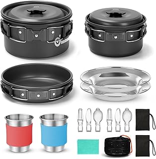 Odoland Camping Cookware Set with Pots and Frying Pan Cup Plates Folding Cutlery Gavette for 1-2 People Lightweight and Compact for Camping Trekking Picnic Hiking