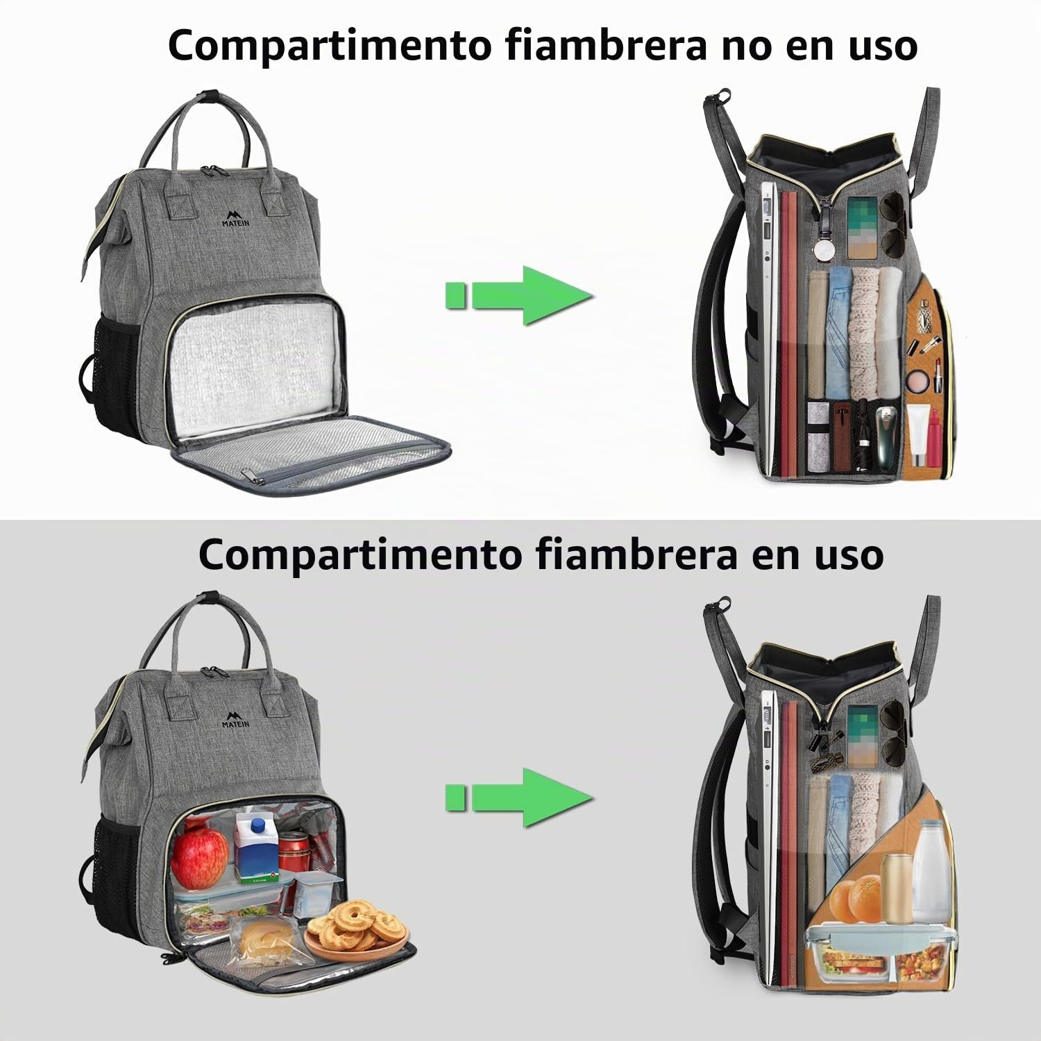 MATEIN Mochila de Almuerzo Portatil de 15,6 Pulgadas, Mochila Trabajo Mujer con Compartimento Térmico, Mochilas Portatil Mujer Hombre Impermeable para Oficina, Viaje, Universidad y Escuela, Gris