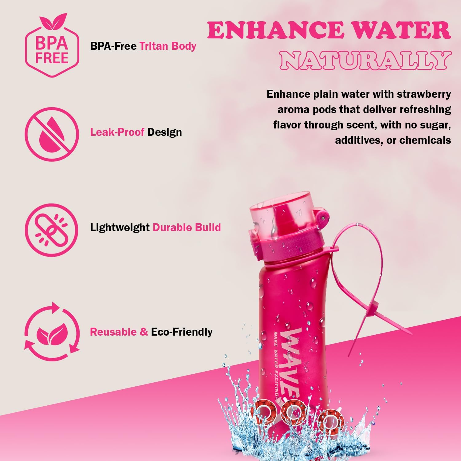 WAVEX Flavored Water Bottle That Makes Plain Water Enjoyable, Aroma-Powered Hydration, Includes 3 Strawberry Aroma Flavor Scent Pods, No Sugar or Additives, 0 Calorie, (600ml, Wild Berry Pink)