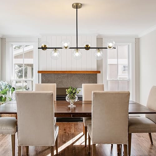 Miniatura 5 de KCO Lámpara de araña de iluminación negra y latón, 7 luces de vidrio transparente, lámpara moderna de globo grande Sputnik, candelabros de casa de