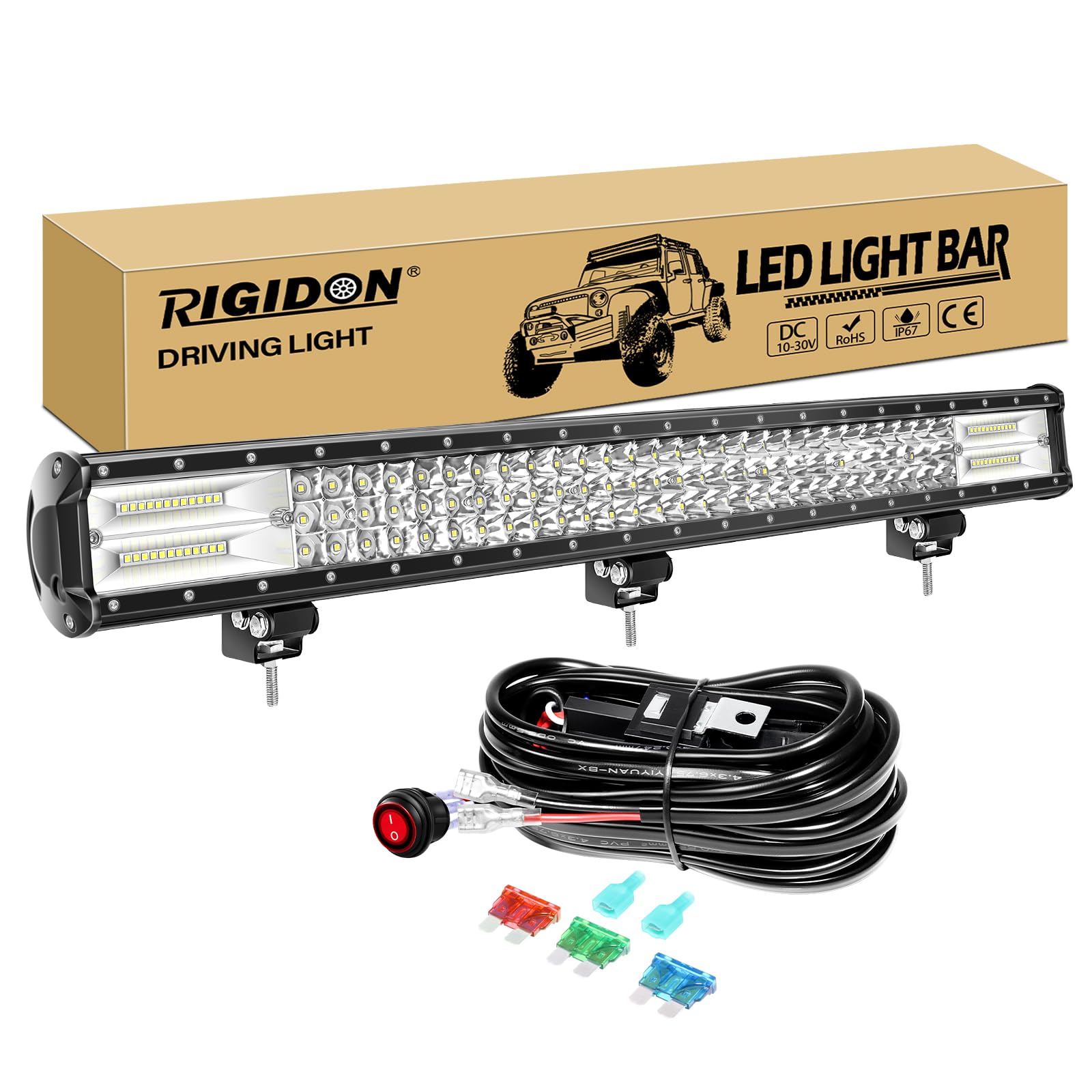 RIGIDON Barra de luz led Coche 4x4 28 Pulgadas 73cm 396W y 12V cableado Kit | tri fila barras luminosas led, lámpara de conducción, para off road camión coche ATV SUV 4x4 barco, 6000K blanco, impermeable