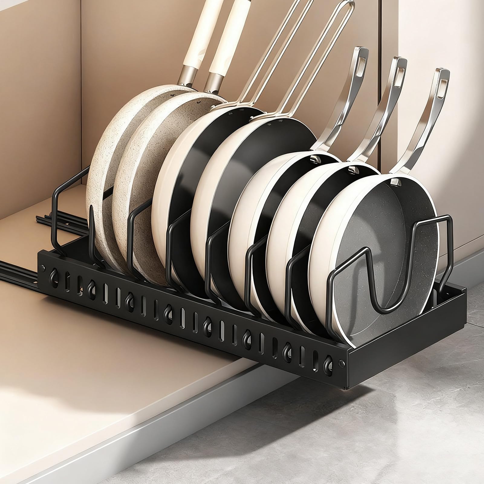 Genérico Organizer per pentole e padelle, 42 x 21 cm, in acciaio al | carbonio, con coperchio regolabile per armadio e piano di lavoro, installazione senza fiato per la conservazione della cucina