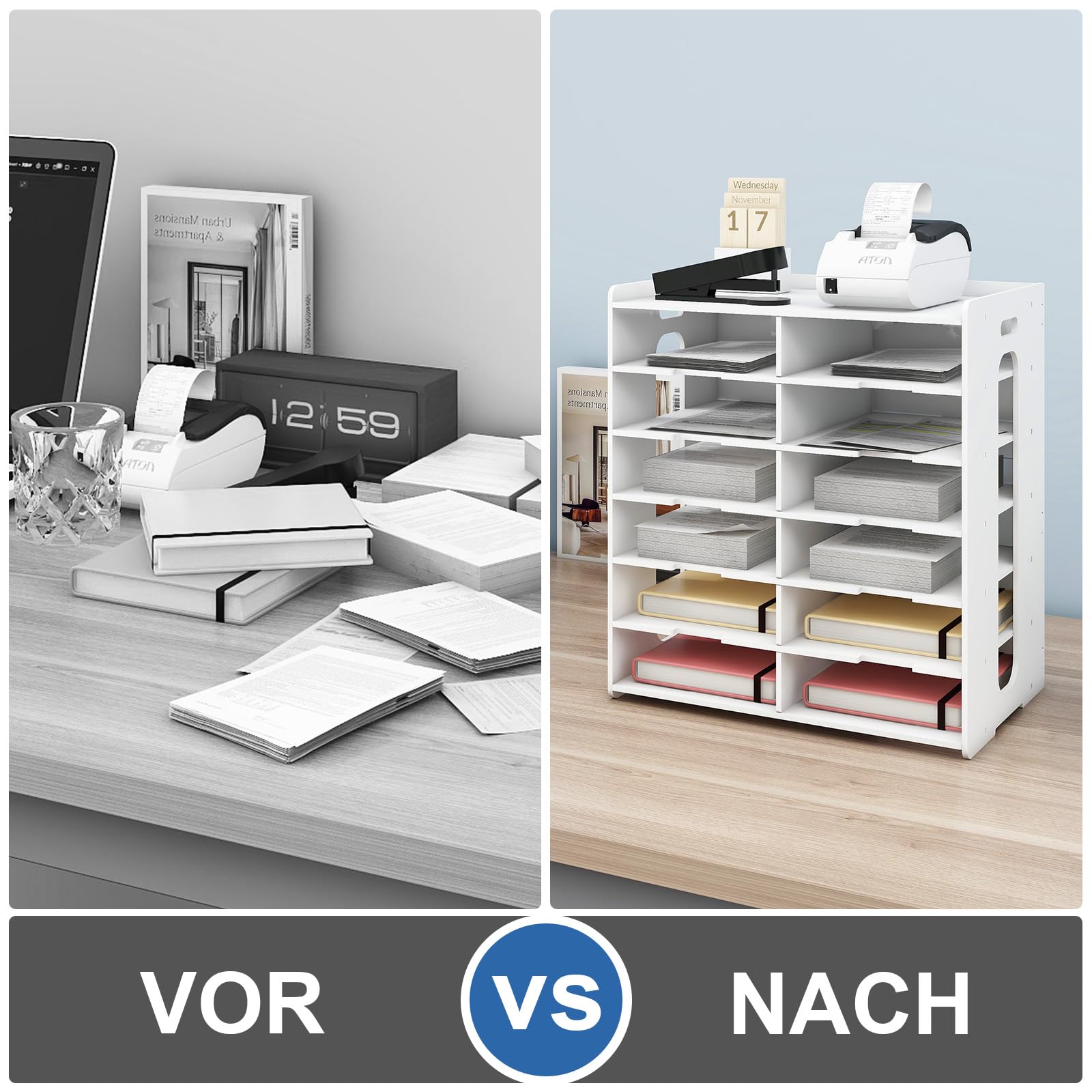 PUNCIA 12 Fächer Rechnungsregal für A5-Formate PVC Briefablage Aktenablage | Schreibtisch Organizer für Rechnung Büroablage Ordnungssystem Ablagefächer aus Holz Büro Arbeitszimmer Schule Office