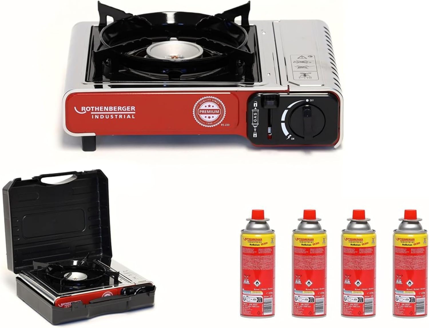 ROTHENBERGER Industrial Campingkocher PREMIUM inkl. 4 Gaskartuschen | inkl. Tragekoffer | 1-flammig Gaskocher Camping Gas Kocher Kartusche | für Töpfe 12-26 cm