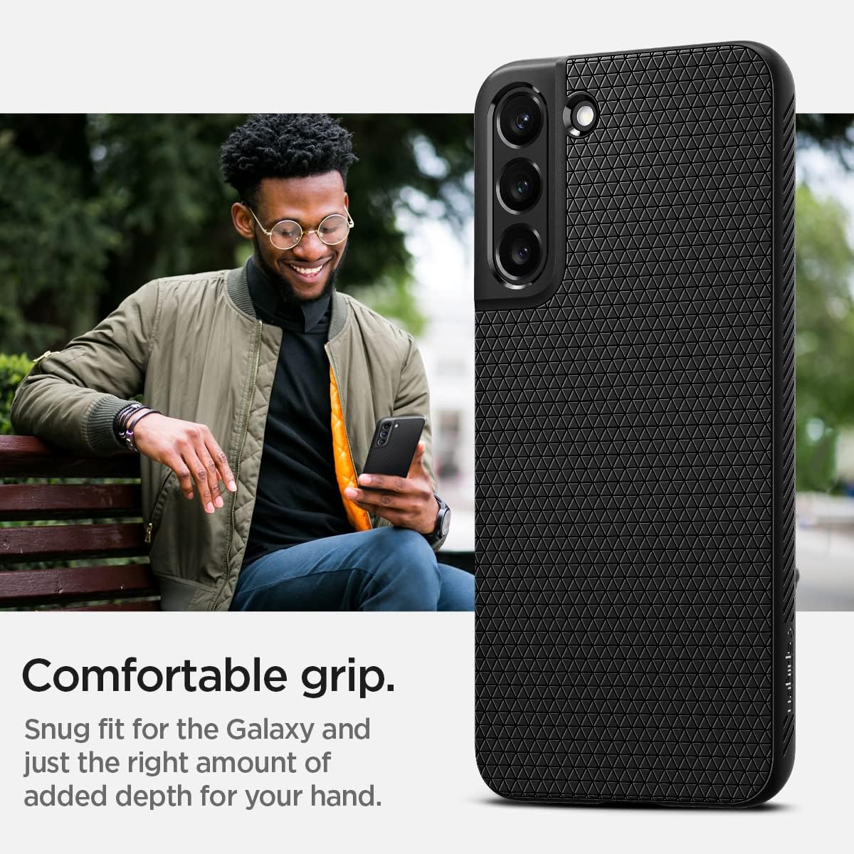 Person holding a Samsung Galaxy S22 with Spigen Liquid Air case, demonstrating comfortable grip