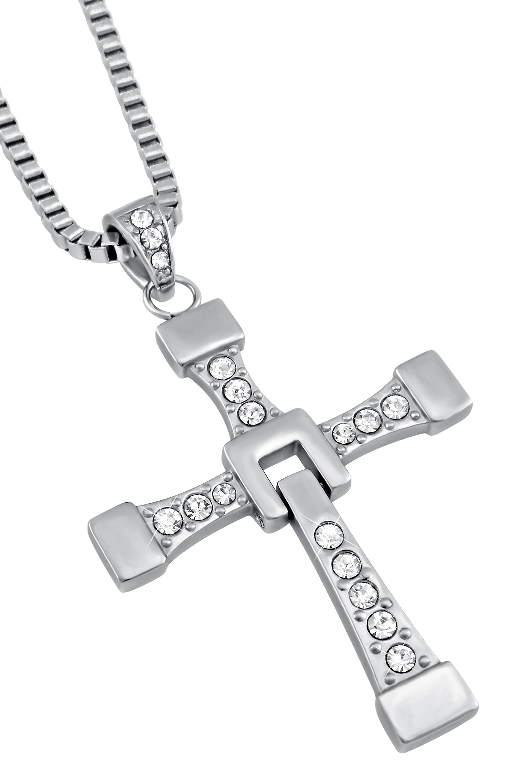 Collana in acciaio inox con ciondolo a forma di croce e strass lunghi 60 cm – Collana Dominic Toretto ispirata a Fast and Furious – Articolo perfetto per i fan del film