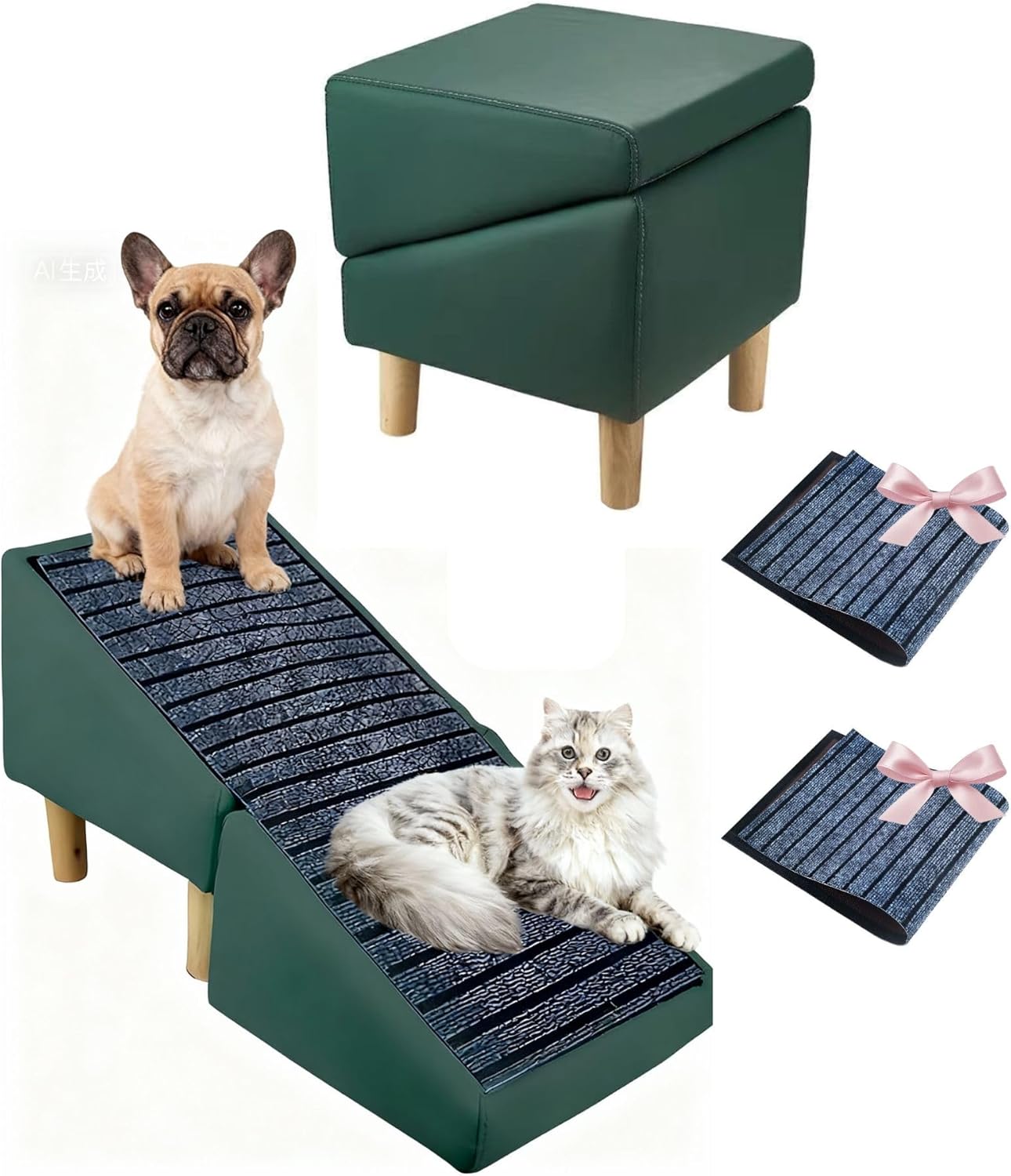 2-in-1 Convertible Pet Ramp and Ottoman, Foldable Wooden Dog Stairs with Non-Slip Mat, Cream Color Cat Scratcher Step Stool for Small Dogs and Cats, Portable Bed and Couch Access (Green)