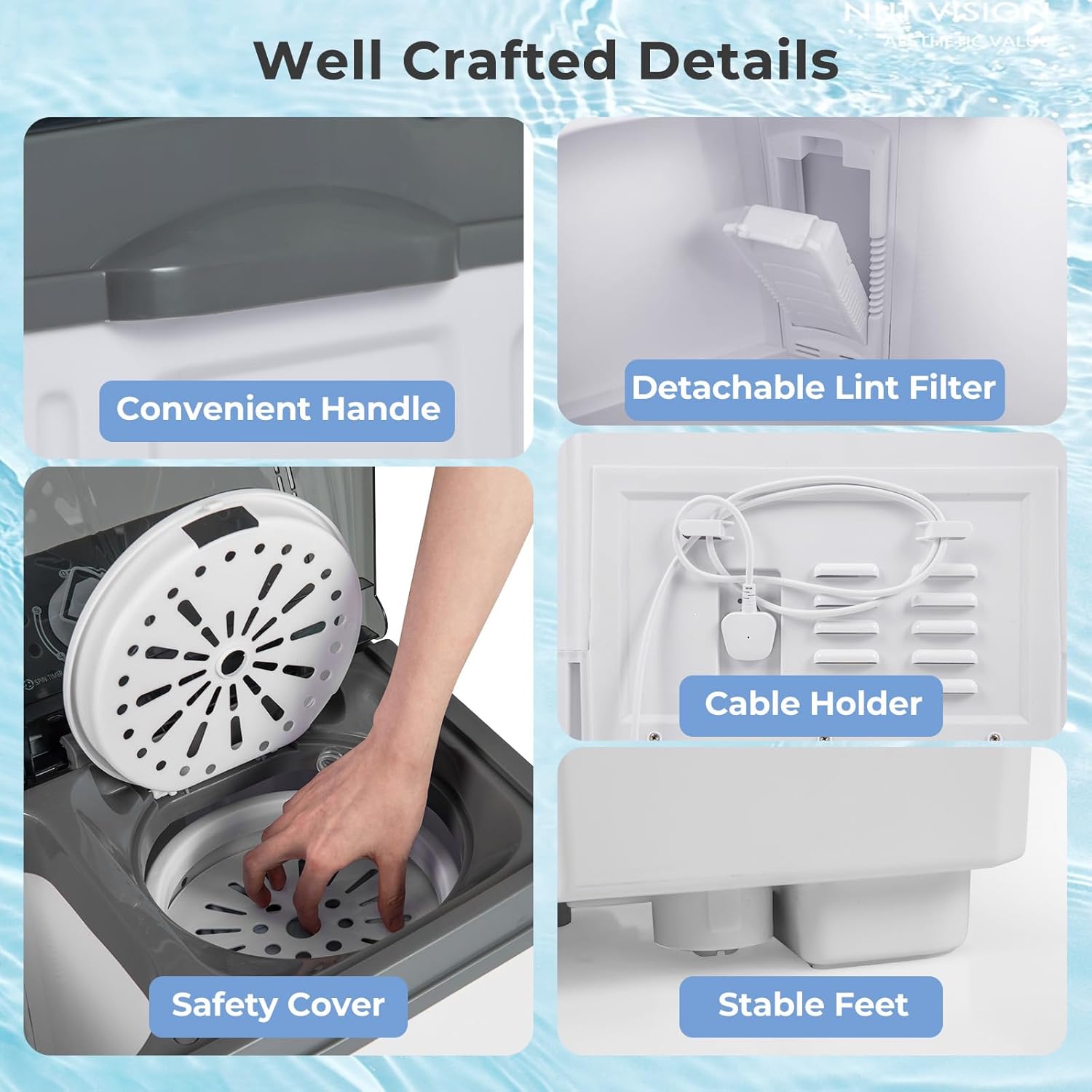 Dettaljati view of Giantex Portable Twin Tub Washing Machine features: handle, lint filter, cable holder, stable feet