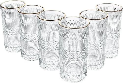 Miniatura 1 de Belwodly Juego de 6 vasos de cristal con borde dorado, vasos vintage con canalé acanalado en relieve, juego de 6