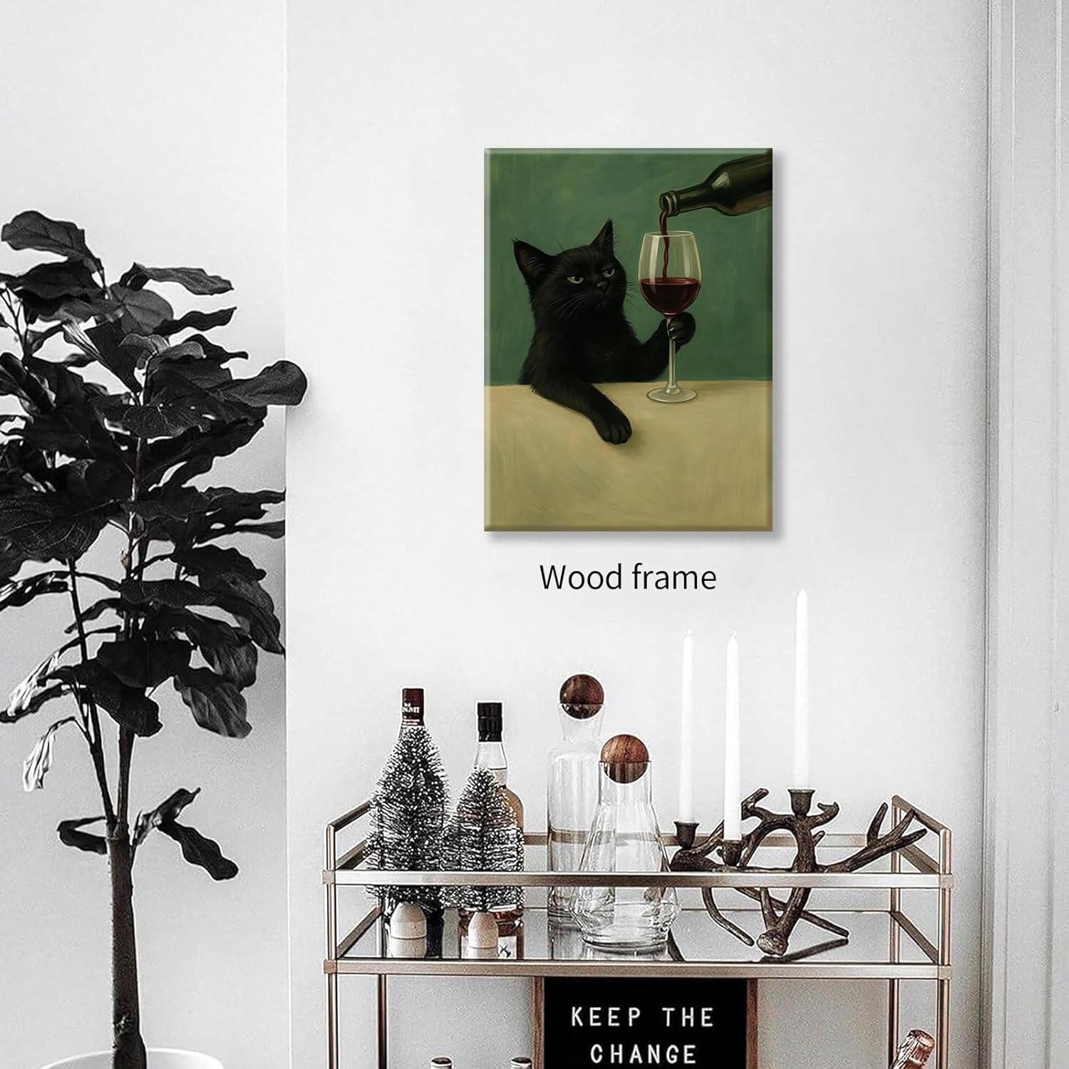 Cat with Wine Art Print Moody Dark Green Wall Art Black Cat With Wine Glass Posters for Bar Cart Living Quirky Kitchen Wall Art 12X16 Framed