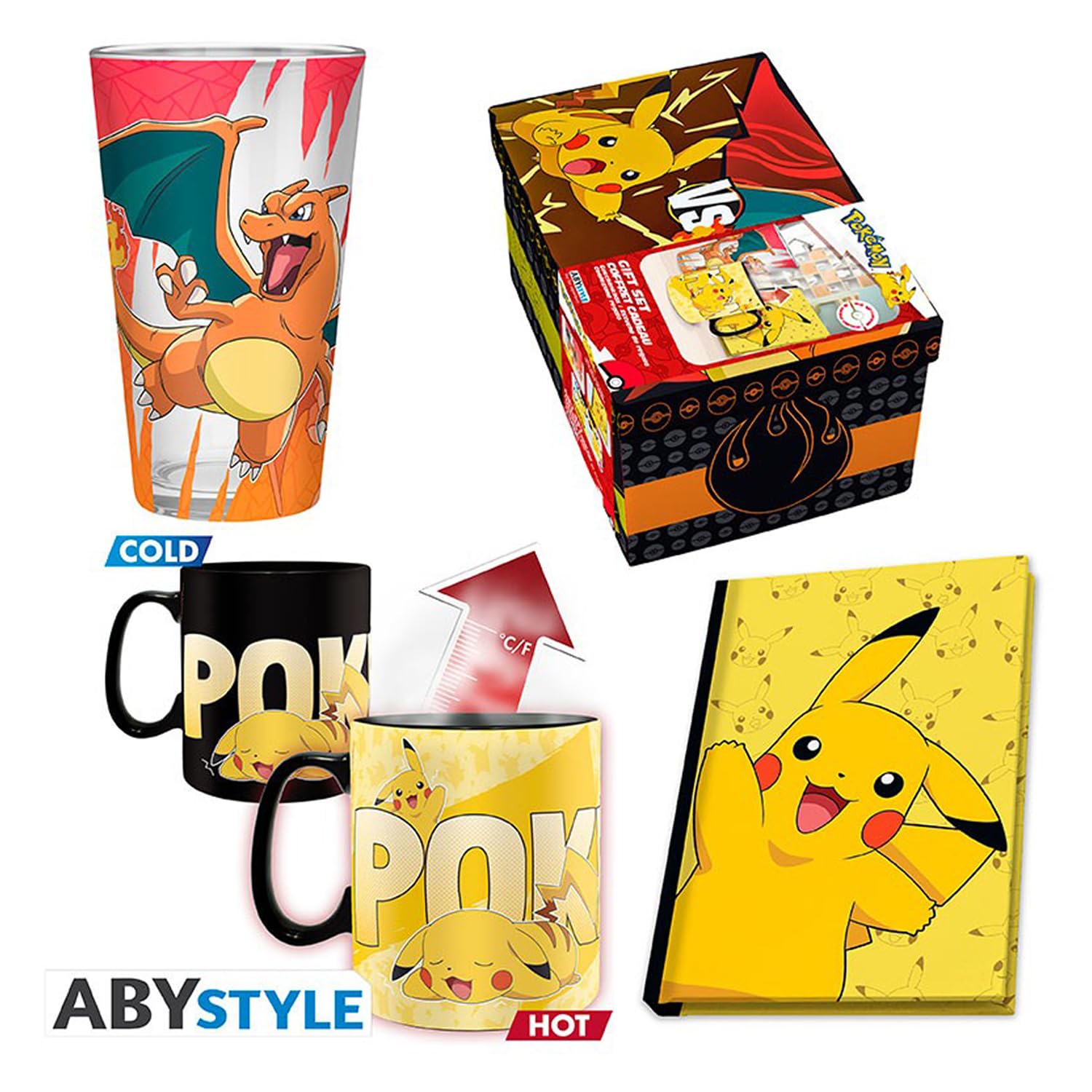 ABYSTYLE Pokémon Geschenkset – XXL Glas, Heat-Change Tasse & Notizbuch Mit Pikachu-Motiv