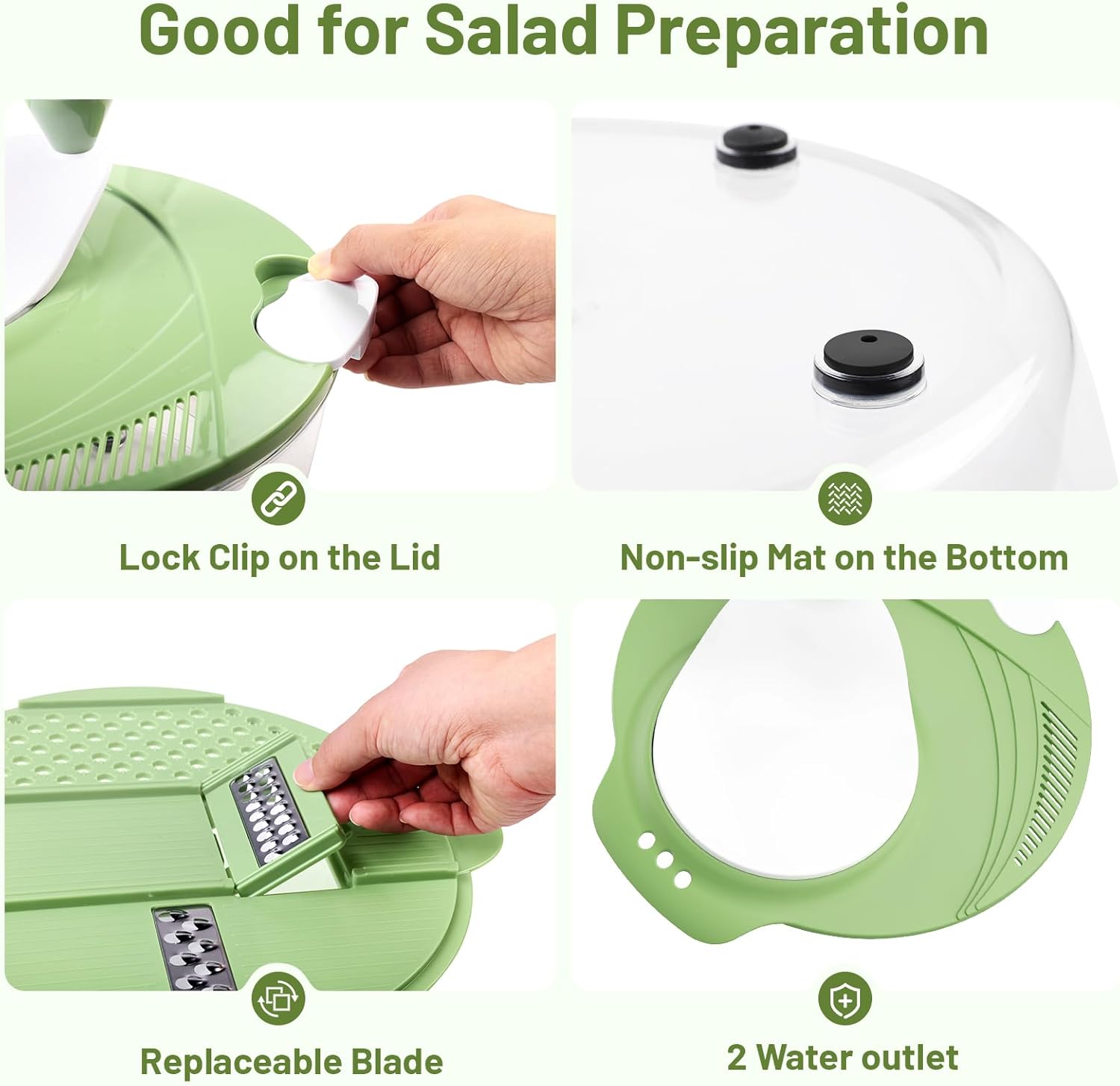 Salad Spinner, 5.3 QT Lettuce Spinner with Strainer, Fruit Cleaner with 4 Replaceable Blade for Shredding, Slicing and Pureeing, Salad Washer & Dryer for Quick Washing (Green)