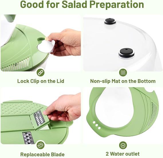 Salad Spinner, 5.3 QT Lettuce Spinner with Strainer & 4 Blades, Green | 4 Replaceable Blade for Shredding, Slicing and Pureeing, Salad Washer & Dryer for Quick Meal Prep