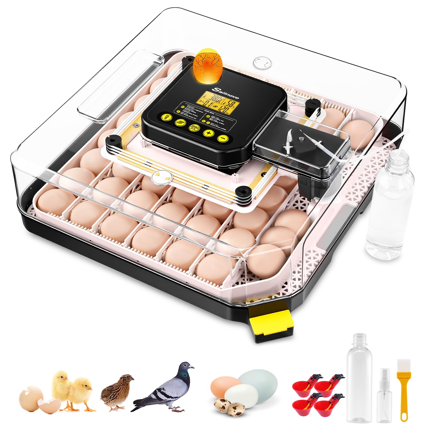 Sailnovo Incubadora de Huevos Automática 48 Huevos con Control Preciso Temperatura/Humedad, Volteador Automático de Huevos, Vista 360°, Ovoscopio Para Huevos, Para Gallina/Pato/Codorniz,Gris