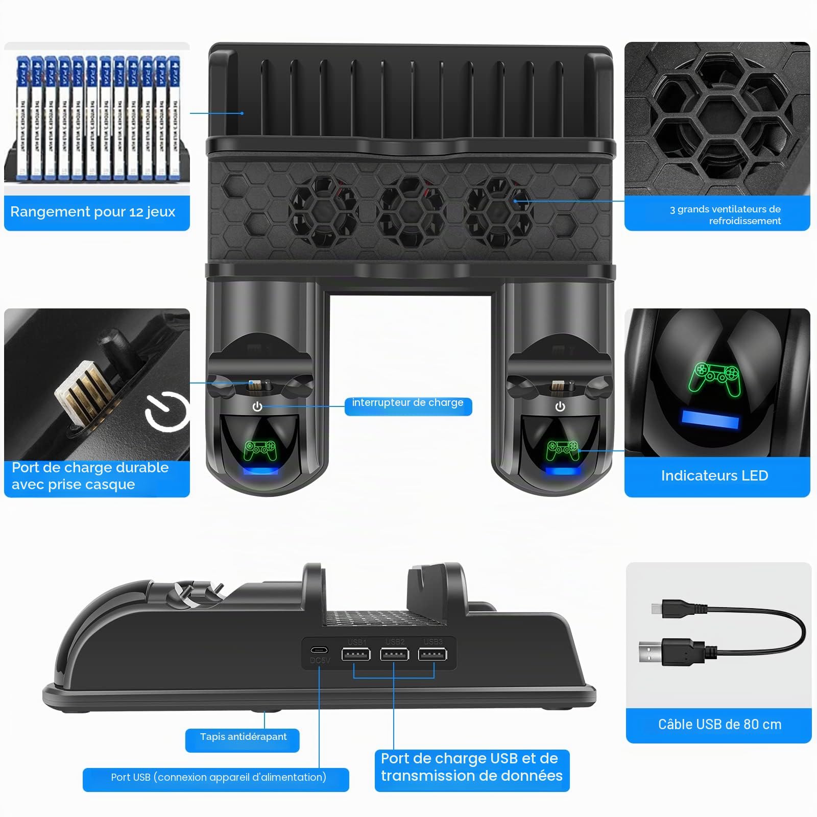 Labtec Support PS4 avec Ventilateur de Refroidissement et Station de Charge Double Manette pour Playstation 4/Slim/Pro, 12 Emplacements de Jeu, Accessoires