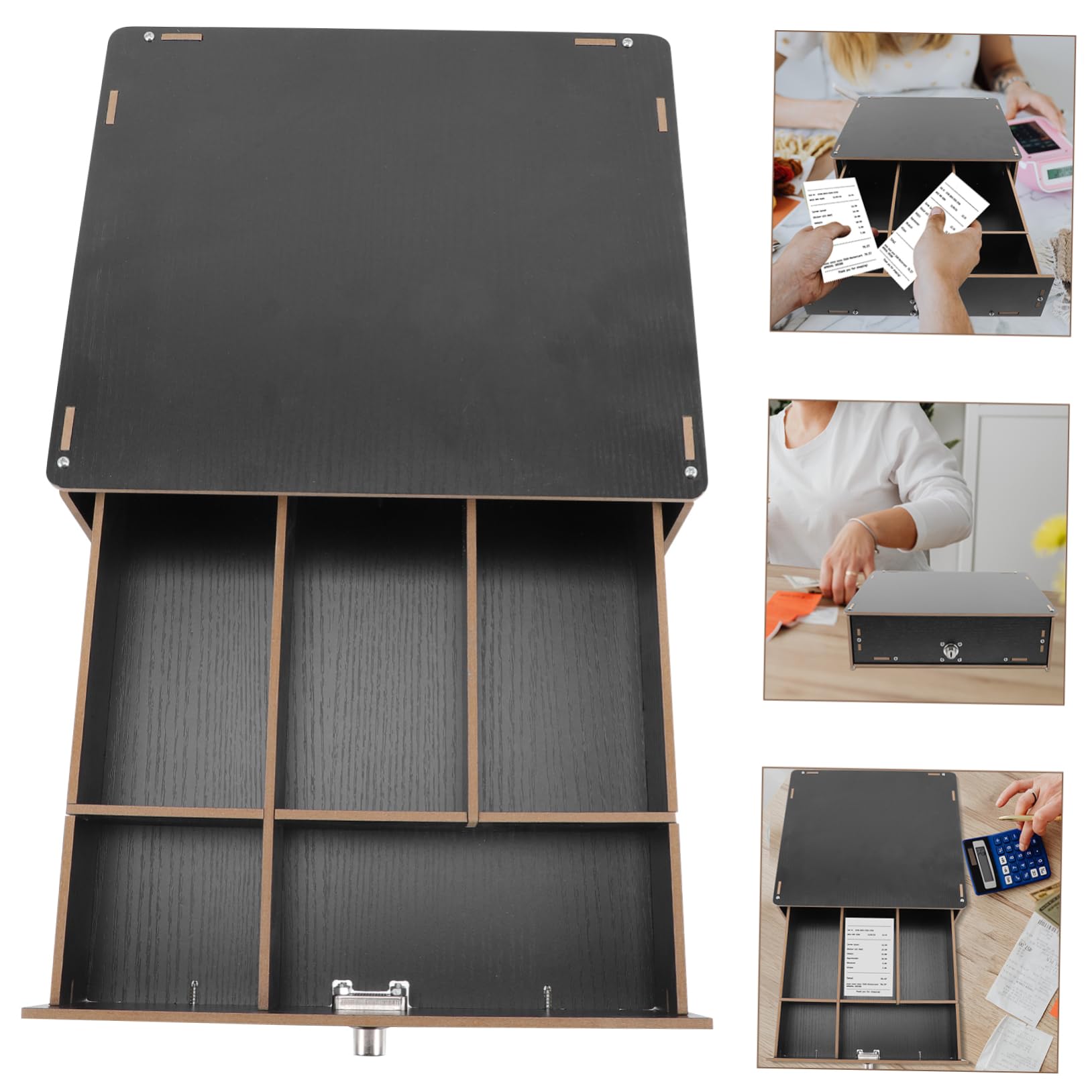 Schwarze Holz Münzbox für Kleingeld mit Mehreren Fächern und Clips zur Sicheren Aufbewahrung für Einzelhandel und Geschäfte